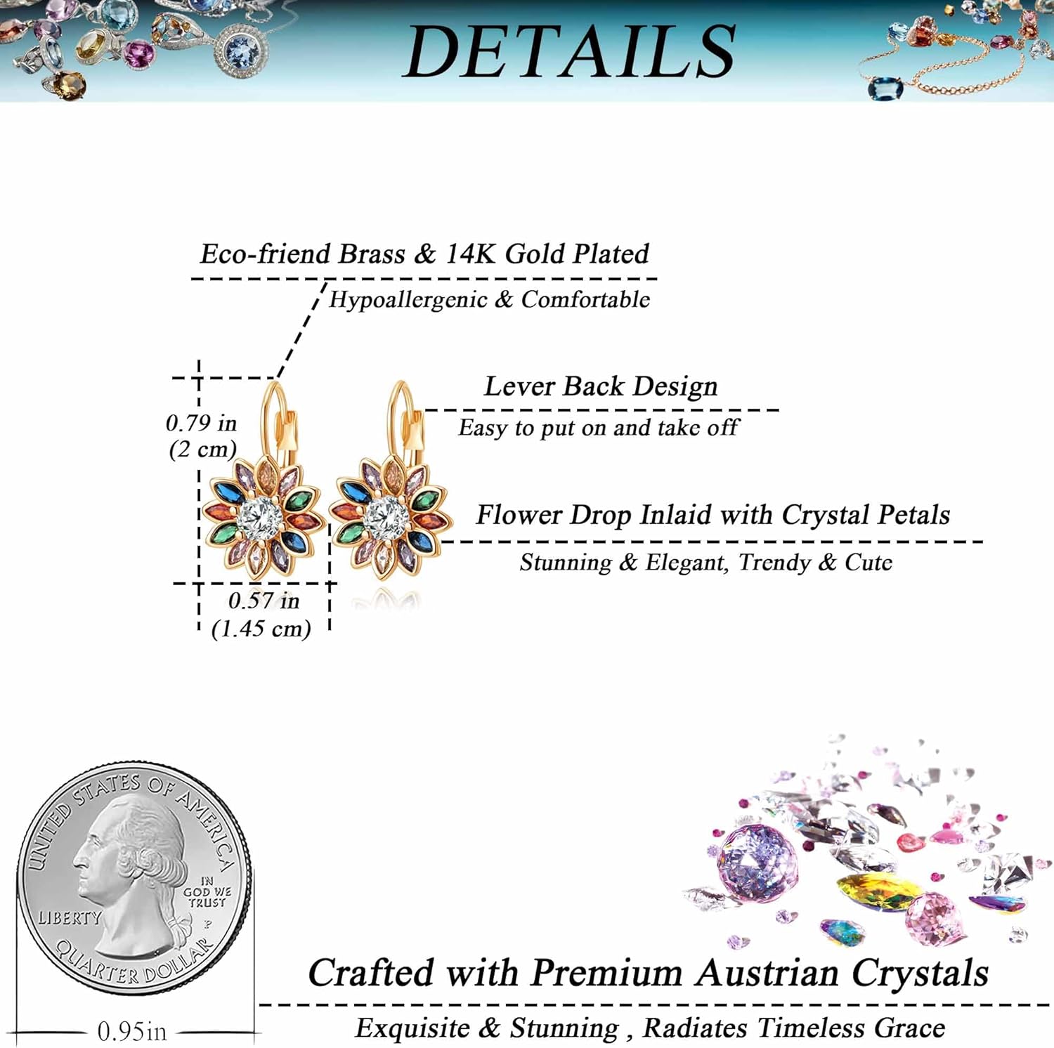 Austrian Crystal Flower Drop Leverback Earrings for Women Fashion 14K Gold Plated Hypoallergenic Jewelry - Image 4