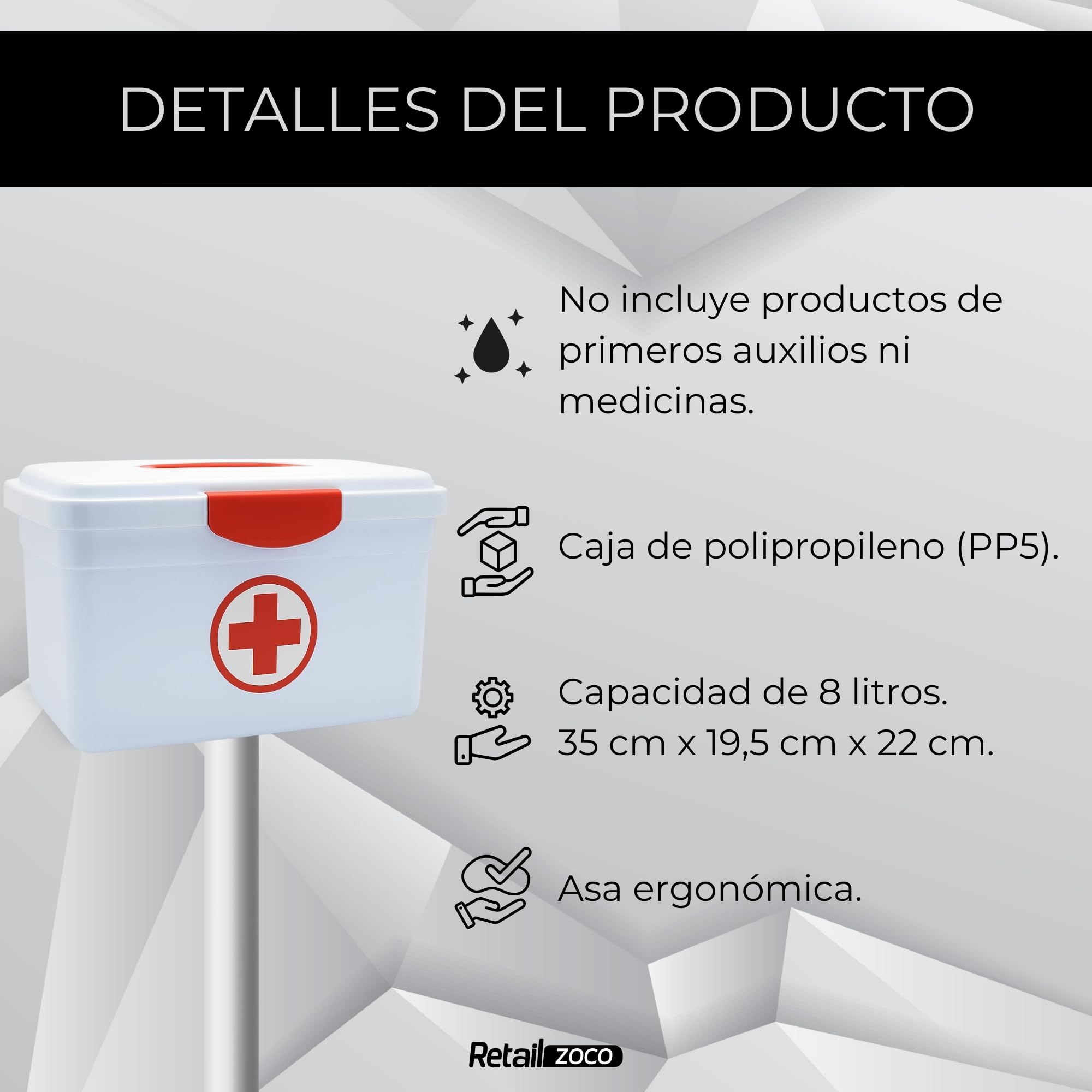 TECHZOCO Caja Medicamentos para Botiquín de Primeros Auxilios y Medicinas, Caja botiquín con tapa y asas, Porta medicinas, Botiquin farmacia, 35.5 cm largo x 21 cm alto x 23 cm fondo, 8 Litros