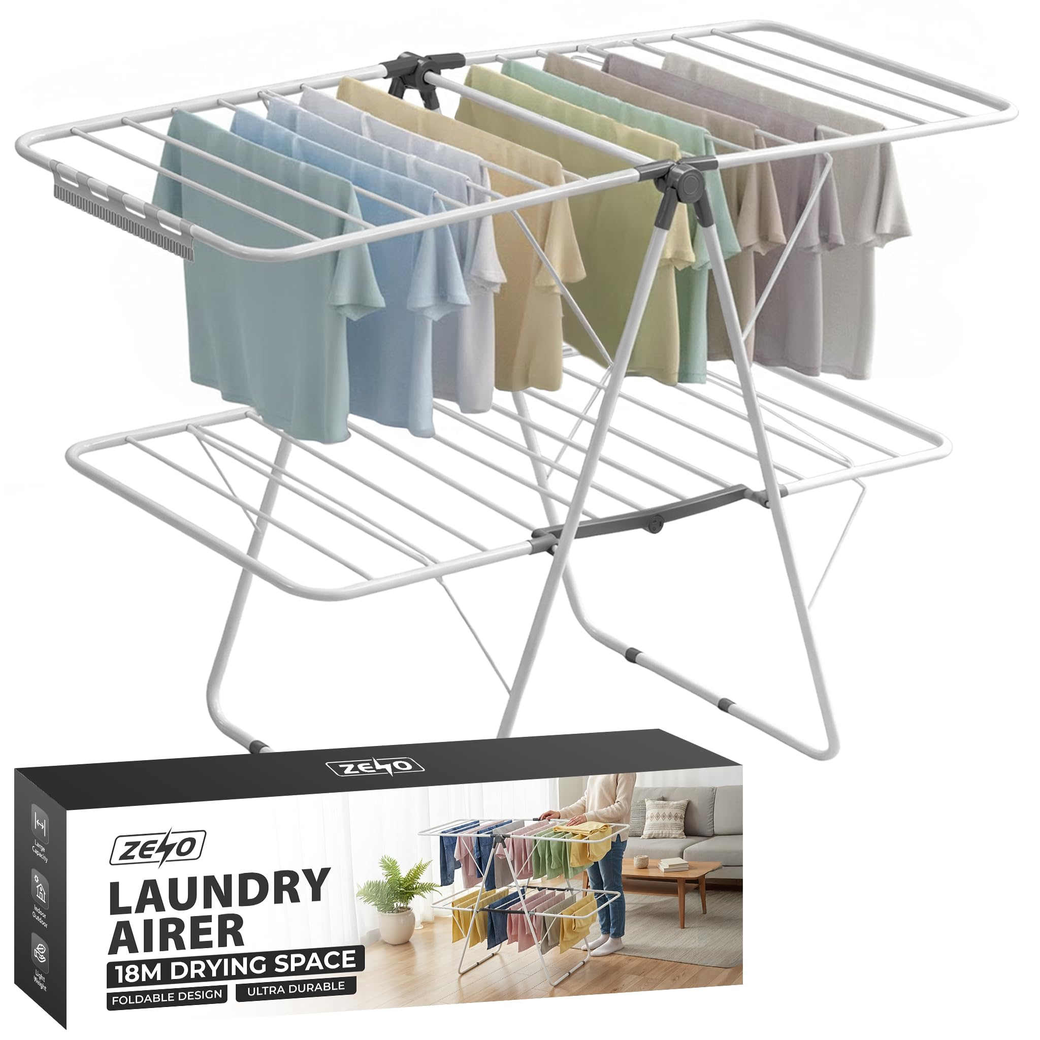 ZENO Clothes Drying Rack 18M Drying Space | Clothes Horse Indoor Folding Airer with 30 Strong Steel Rails | Large Laundry Drying Rack for Home | Freestanding Clothes Dryer Rack for Indoor Outdoor Use