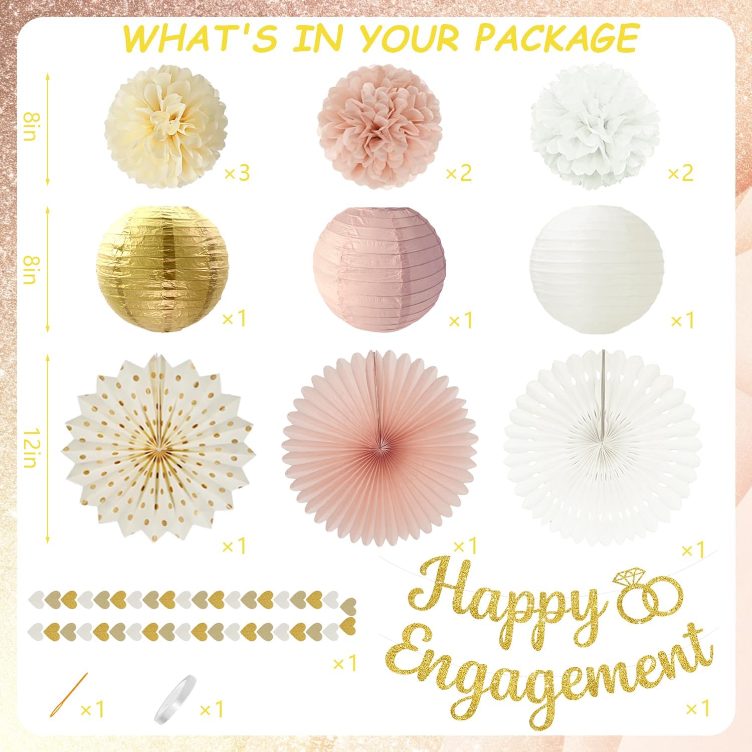 Champagne Gold Engagement Party Decorations - Engagement Banner, Heart Party Garlands, Tissue Paper Pom Poms, Fans and Lanterns Kit for Congratulations, Boho Engaged Decorations - Image 2