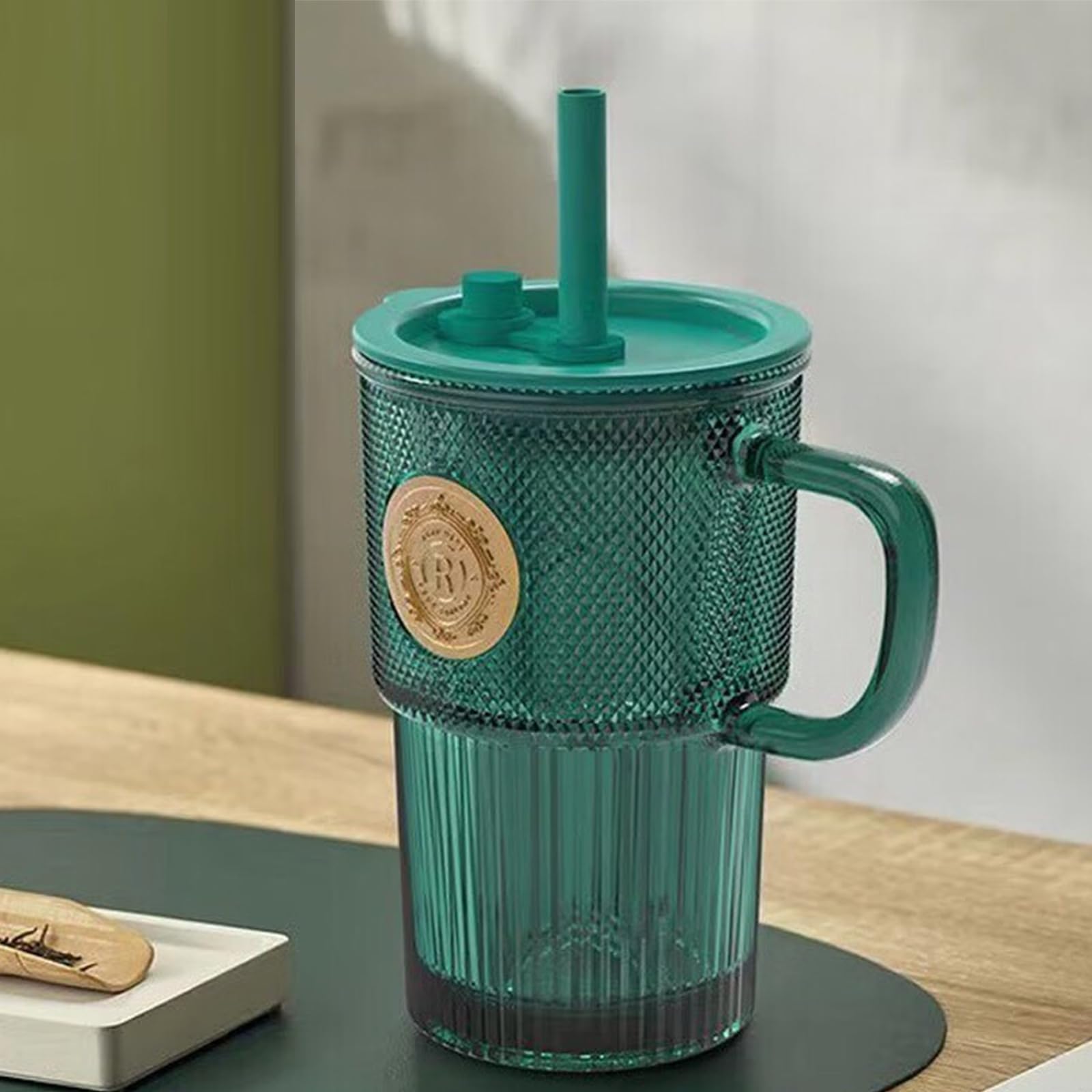 soulnioi Set of 2 430ml Green Glass Tumbler with Straw, Glass Mug with Gold Badge Decor - Image 4