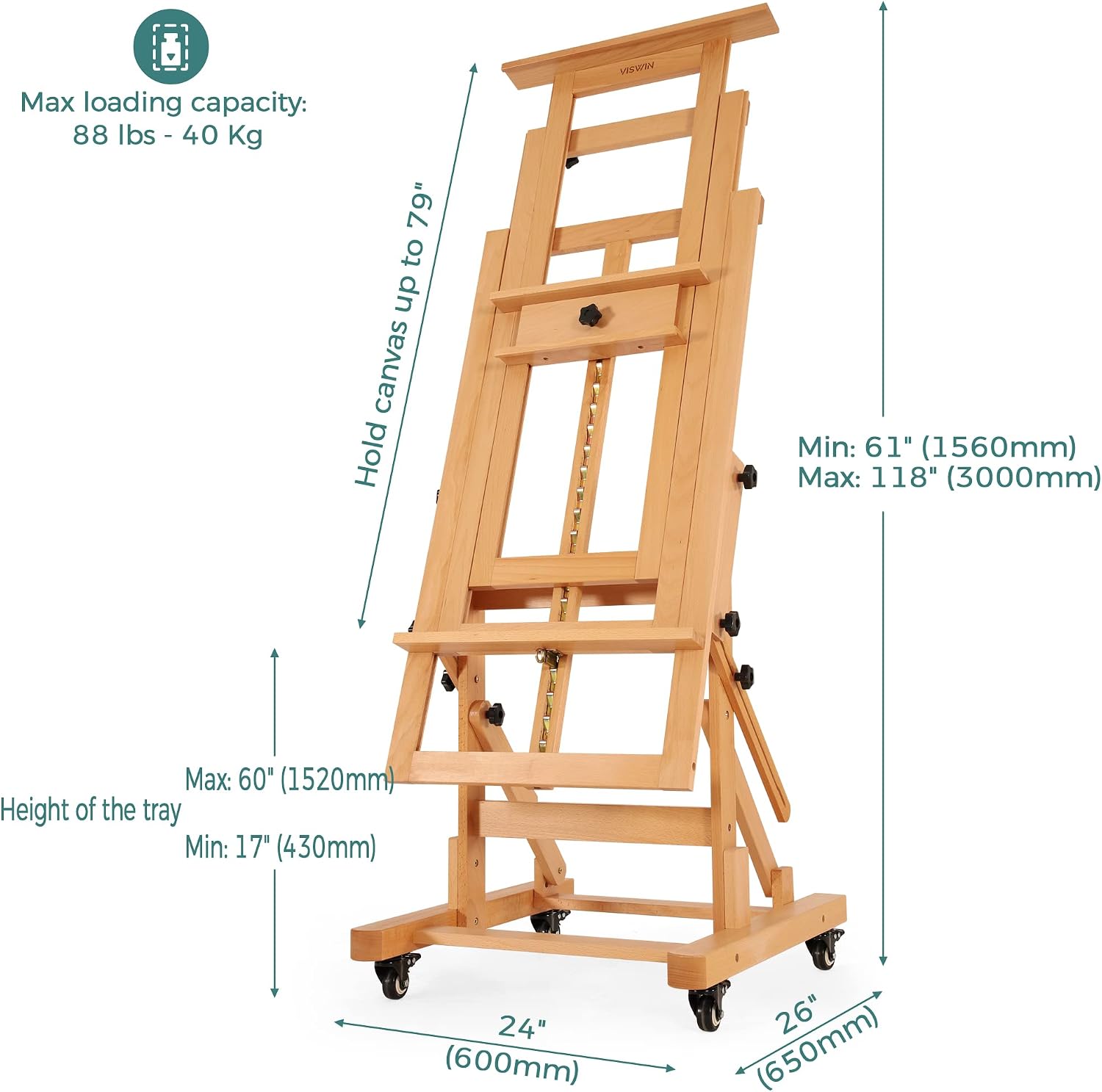 VISWIN Extra-Large Heavy-Duty H Frame Easel, Hold 1 or 2 Canvas up to 79", Tilts Flat & Movable Beech Wood Large Easel Stand for Painting, Adjustable Professional Floor Art Easel for Adults, Artists