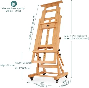 VISWIN Extra-Large Heavy-Duty H Frame Easel, Hold 1 or 2 Canvas up to 79, Tilts Flat & Movable Beech Wood Large Easel Stand for Painting, Adjustable Professional Floor Art Easel for Adults, Artists