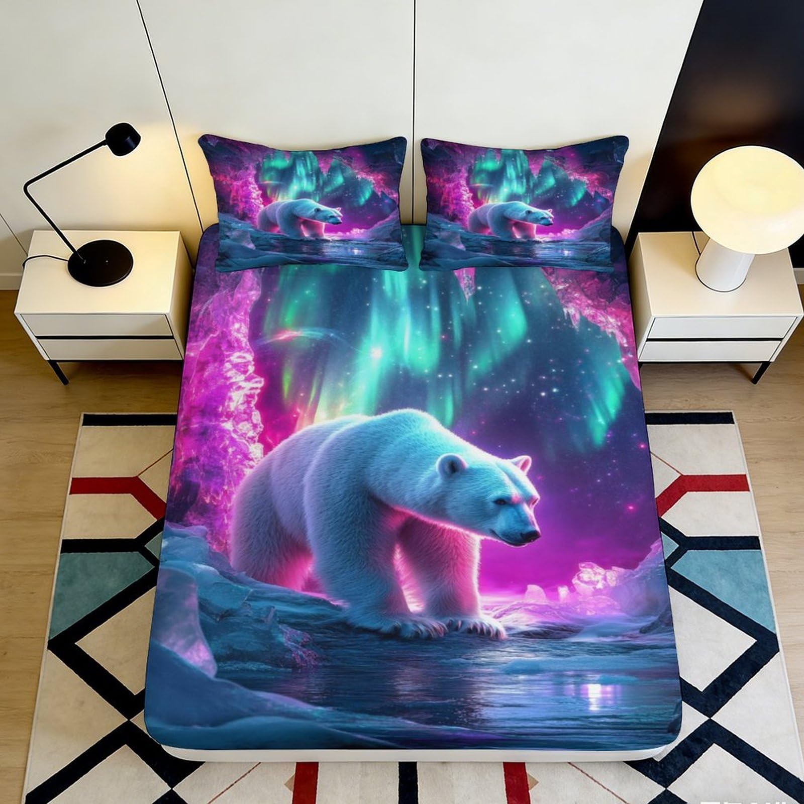 3D Printed Aurora Polar Bear Fitted Sheet Microfiber Deep Pocket Non-Slip Bedding Polar Bear Mattress Fitted Cover for Home 160x200x25cm
