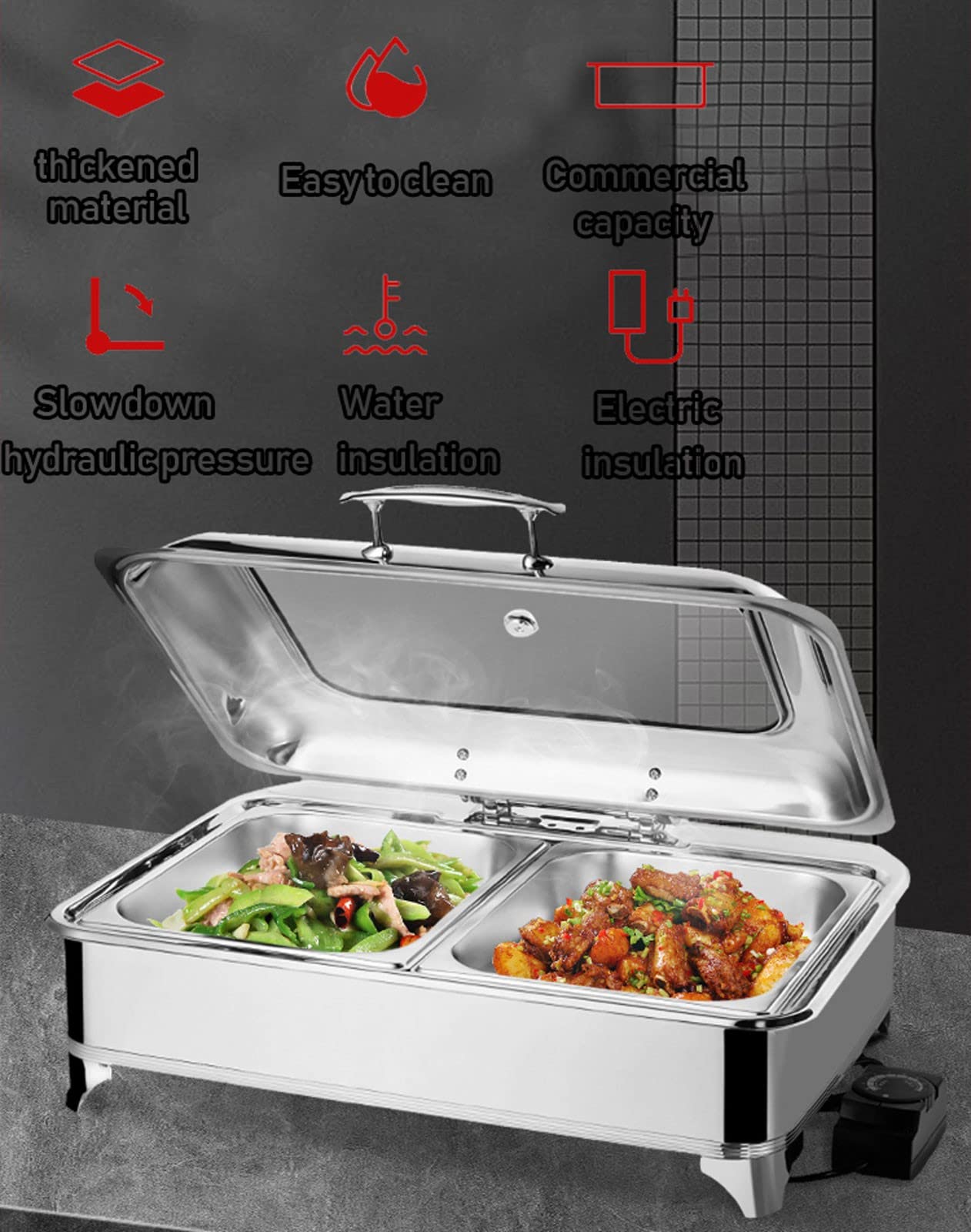 Scaldavivande Elettrico per Buffet 400w/220v Chafing Dish Acciaio Inox Scalda Buffet para Mantenere Il Cibo Fresco e Delizioso, Rimovibile E Facile da Pulire - 9L(Size:2 grid)
