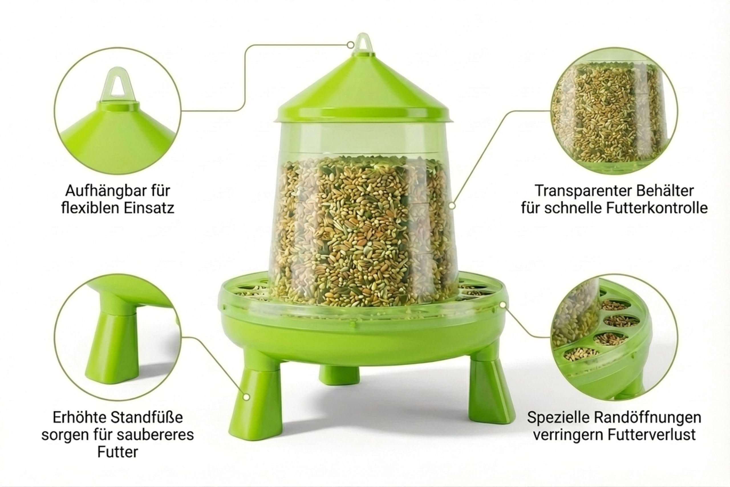 8 Liter Geflügeltränke grün mit Füßen + 4 KG Futterautomat für Hühner, Futtertrog, Futterspender, Hühnerfutter Automat, Futterautomat