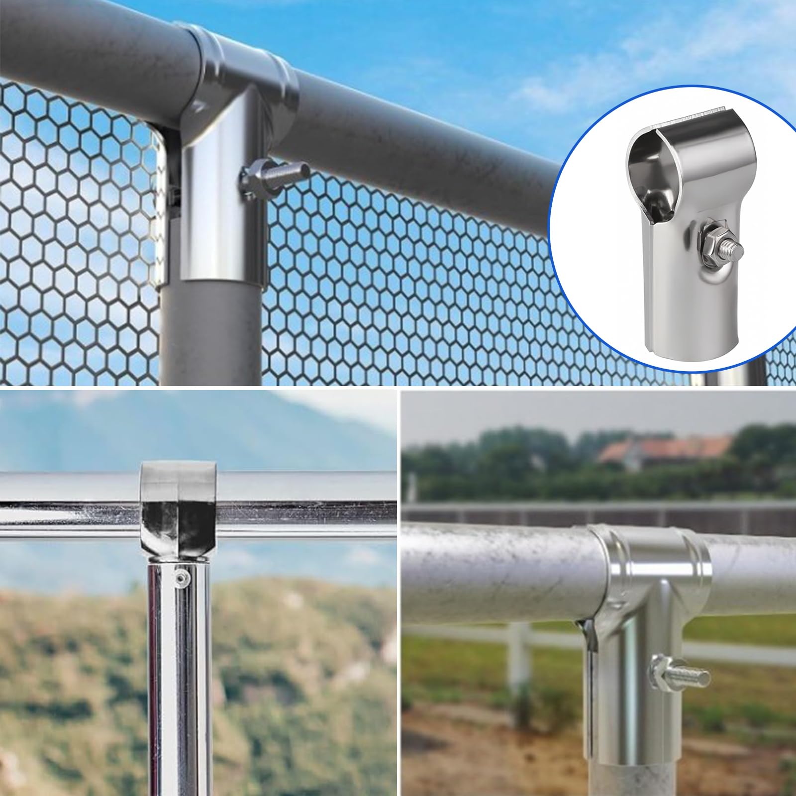 6 Stück T-Rohrverbinder 25mm, Strukturelle Rohrverbinder Kettenglied Zaun Klemme Verstellbare Edelstahl-Zaunklemme mit Schrauben Muttern für Maschendrahtzaun und Geländer
