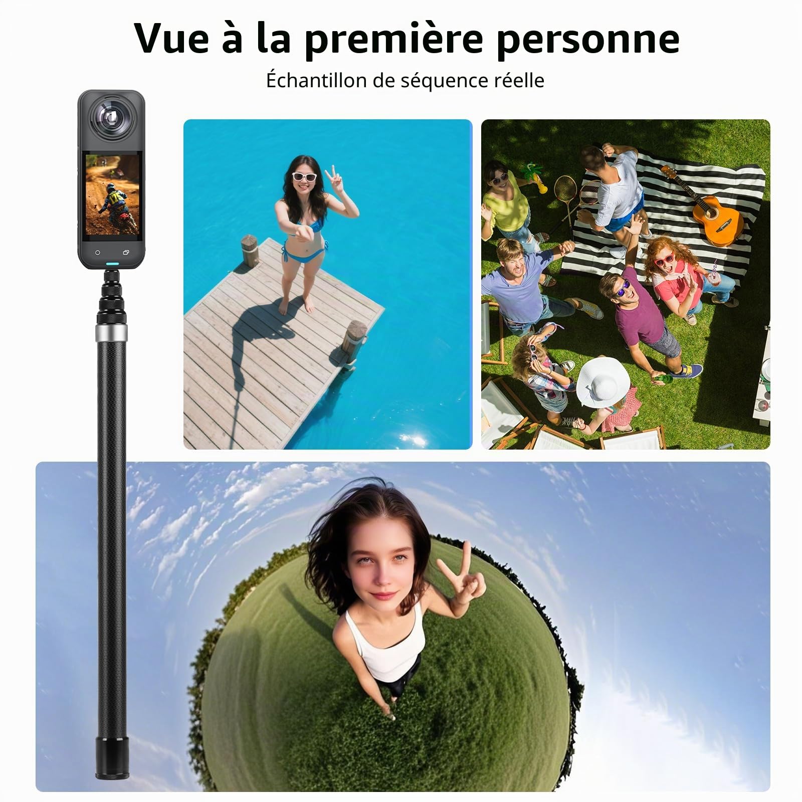 BRDRC Perche à selfie 3 m en fibre de carbone pour Insta360 ONE X5 X4 X3 X2 RS et DJI OSMO 360 (avec adaptateur Go Pro, sac de rangement)