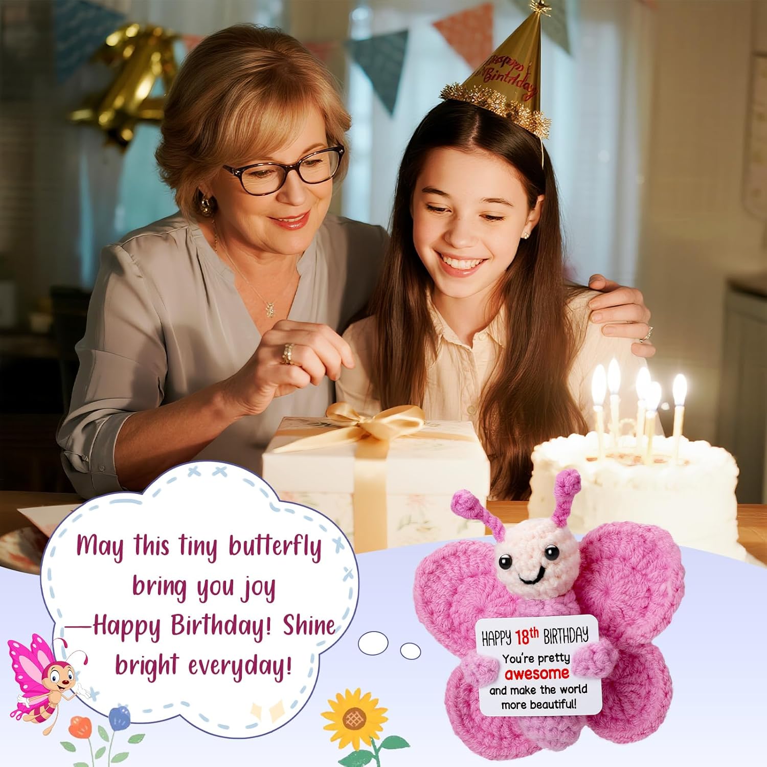 18th Birthday Gifts for Girls, Mini Crochet Pink Butterfly Plush for 18th Birthday Decorations, Happy 18 Year Old Girl Gift Ideas - Image 4