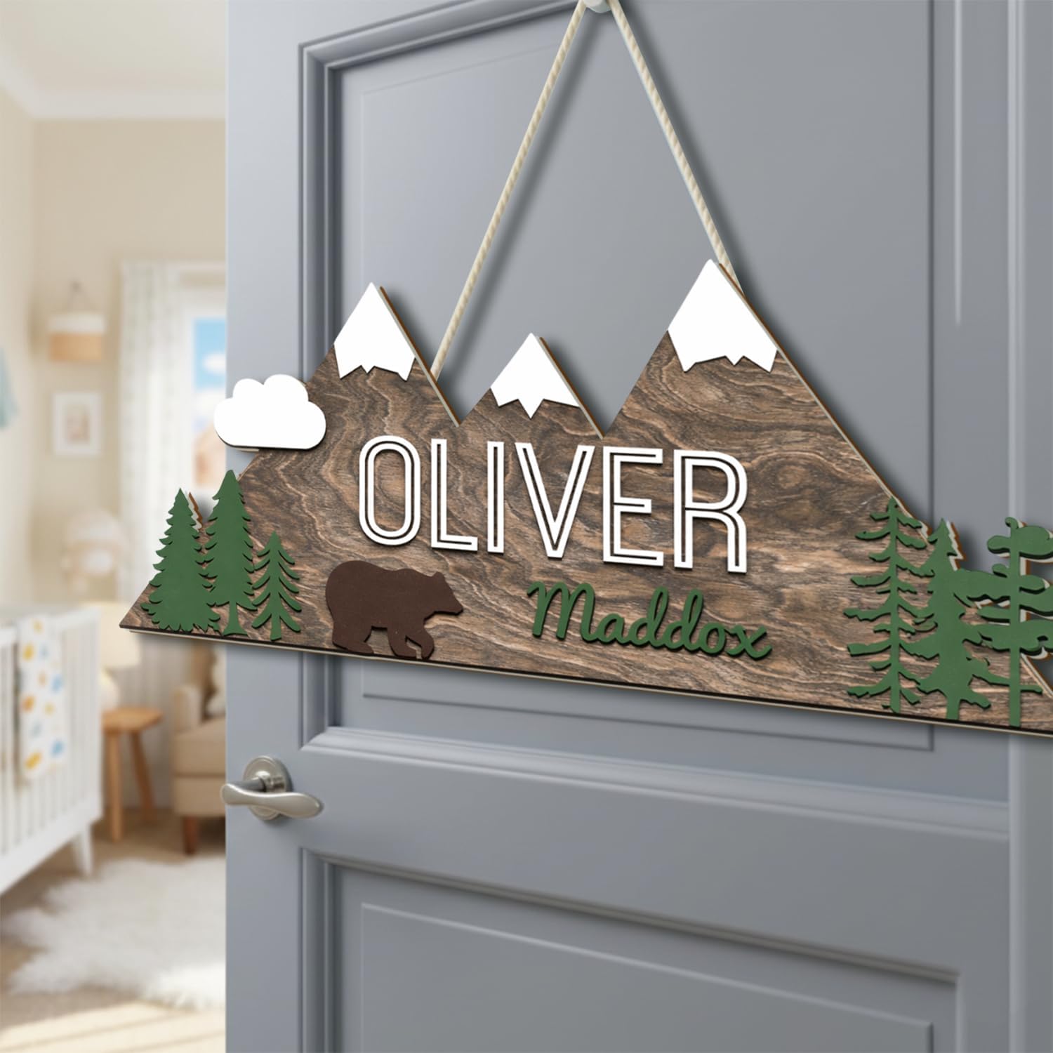 Personalized Bear Snow Mountain Nursery Sign For Girl Room Decor, Custom Baby Name Signs Door Hanger, Wildlife Wooden Name Sign For Nursery Wall Decor, Newborn Gift, Mothers Day Gifts for New Mom