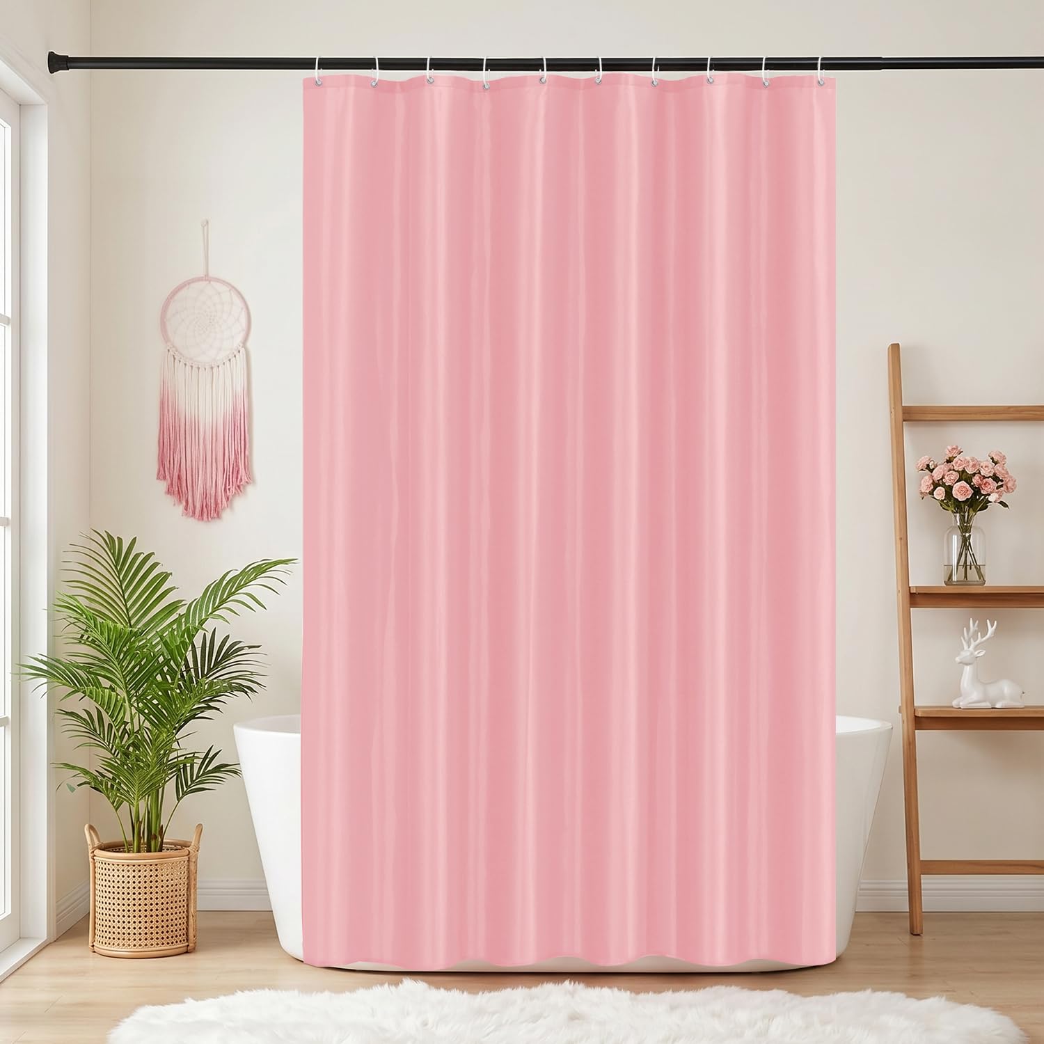 LUKDUNG 150 x 200 cm Polyester Textile Shower Curtain Anti-Mould for Bathroom, Curtain for Bathtub Shower Made of Fabric Waterproof Washable Shower Curtain with 10 Hooks Pink