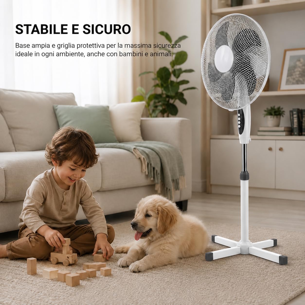 Ventilatore a Piantana Ø 40 cm BIANCO - FACILE MONTAGGIO - 50 W - 3 Velocità - STABILE e SILENZIOSO - Oscillazione Orizzontale - Altezza Regolabile 103-130 cm - Testa Inclinabile - Base a Croce