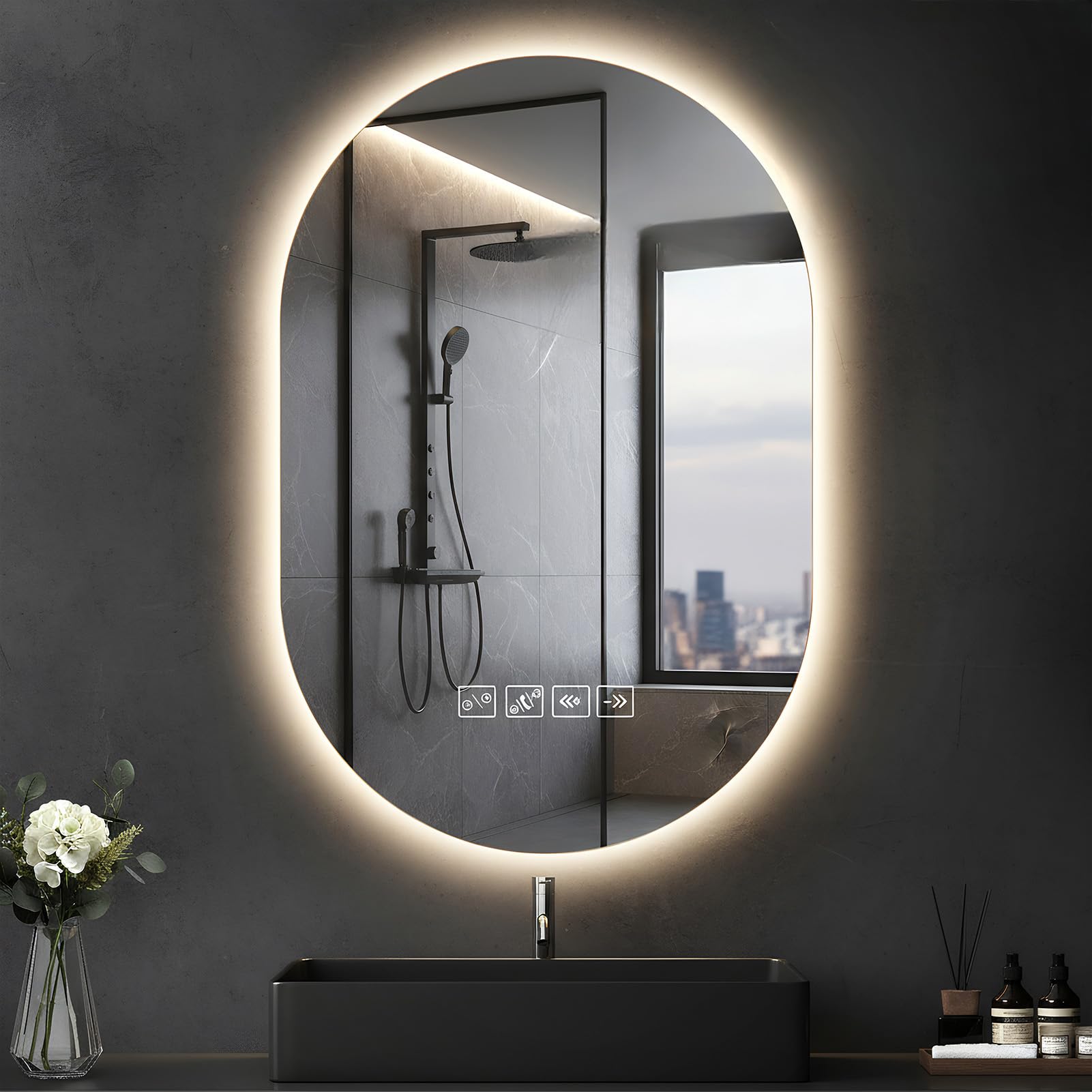 Specchio Bagno con Luce, 75x50cm, Specchio Smart con Antiappannamento, Memoria e Dimmerabile, Bluetooth per Musica, Tasto a Sè, Installazione Orizzontale o Verticale