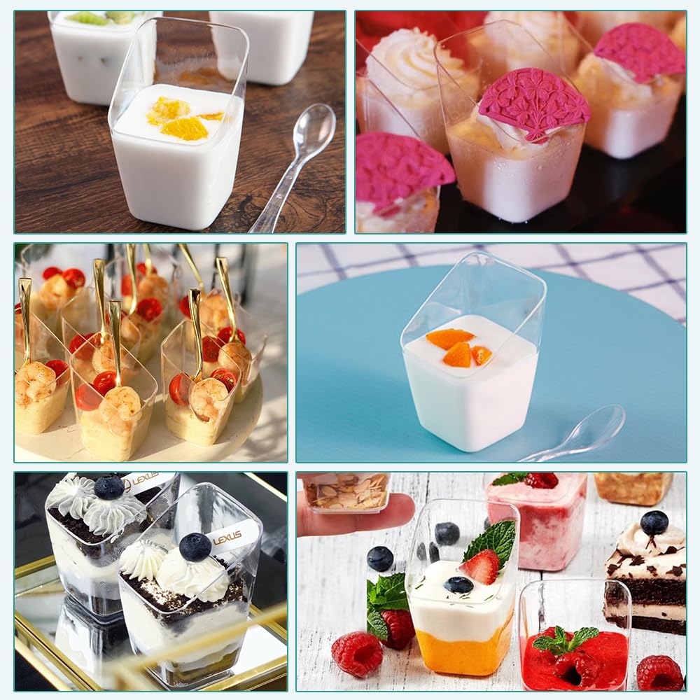 LATERN 50 Pezzi Tazze da Dessert in Plastica, 150ml Coppe da Dessert Quadrate Ripple Tazza di Antipasto Semifreddo Trasparente Ciotola da Portata Riutilizzabile per Mousse Budino Festa (8,3 x 6,3cm