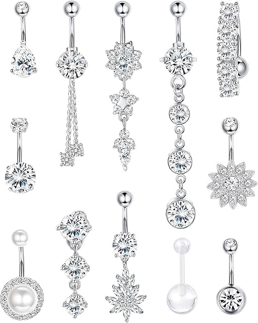 LOLIAS 316L Surgical Steel 14G CZ Navel Rings Belly Button Rings Pearl Helix Piercing Flower Series Navel Piercing for Women Zircon Body Piercing Jewellery 12 Pcs a Set