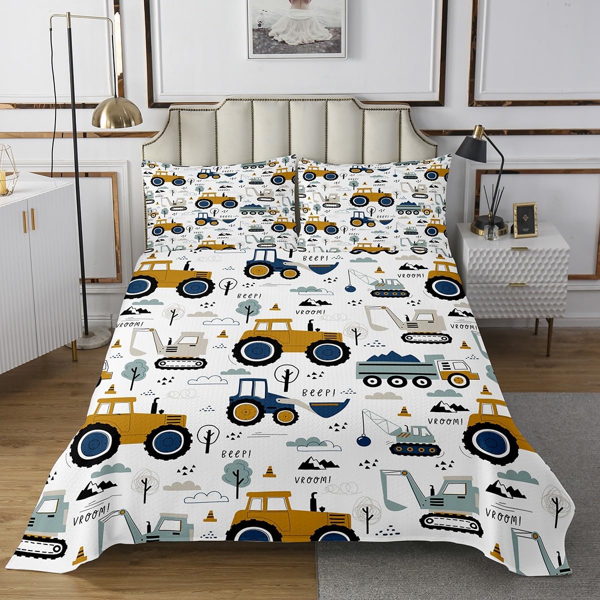 Erosebridal Construction Coverlet Set Kids for Boys Cartoon Cars Bedspread Set Twin Size Equipment Trucks Bed Set Excavator Tractor Bedspread Cover White Yellow for Girls Teens Bedroom Decor