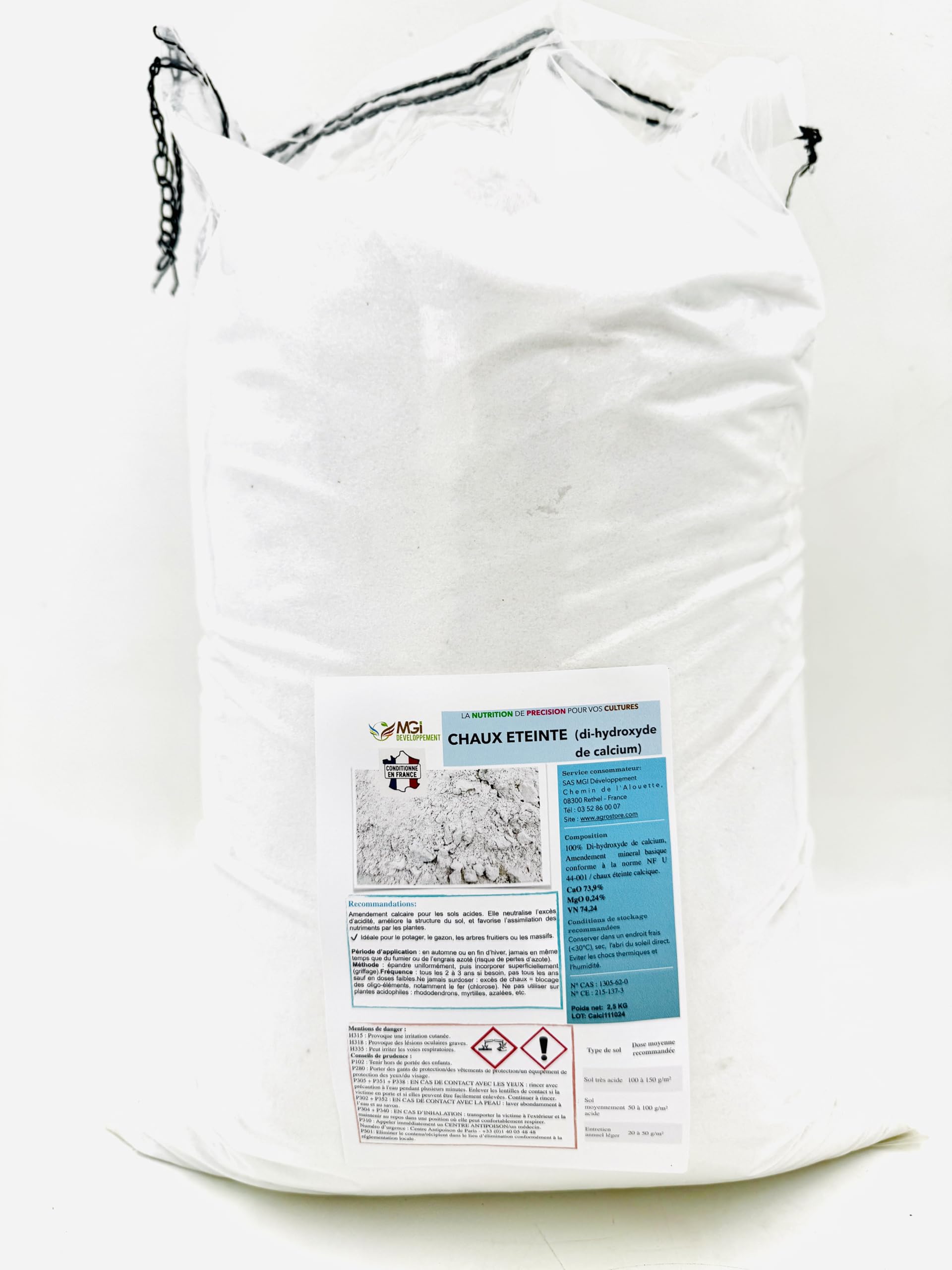 Chaux éteinte - Di-hydroxyde de calcium - Amendement minéral basique - Amendement Calcaire - Corrige l’Acidité du Sol - (2,5 kg)