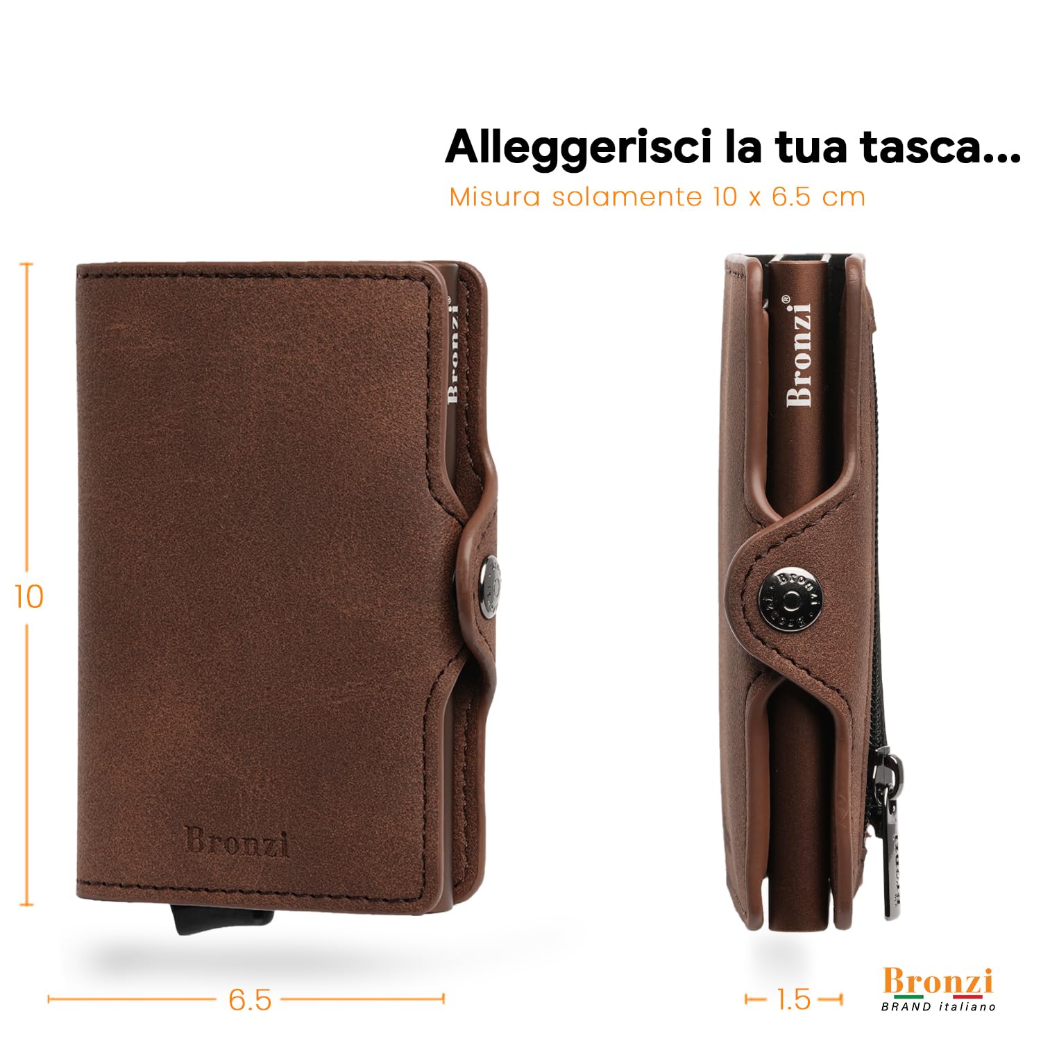 Bronzi Portafoglio Porta Carte Credito - Portafoglio Uomo Slim Portacarte uomo - Mini Porta Tessere - Protezione RFID - Design Smart Italiano Scatola Regalo inculsa (Pelle, Marrone Testa Di Moro)