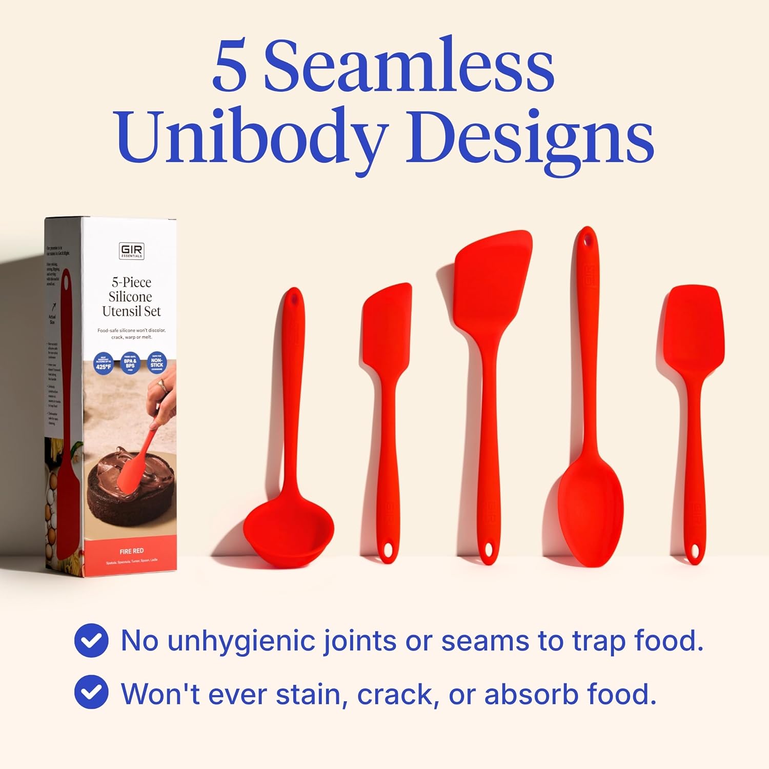 GIR 5-Piece Silicone Kitchen Utensils Set, Non-Toxic Cooking Utensils for Cooking and Baking, Heat Resistant, Food Grade, Dishwasher Safe Rubber Spatula, Ladle, Spoon - Fire Red