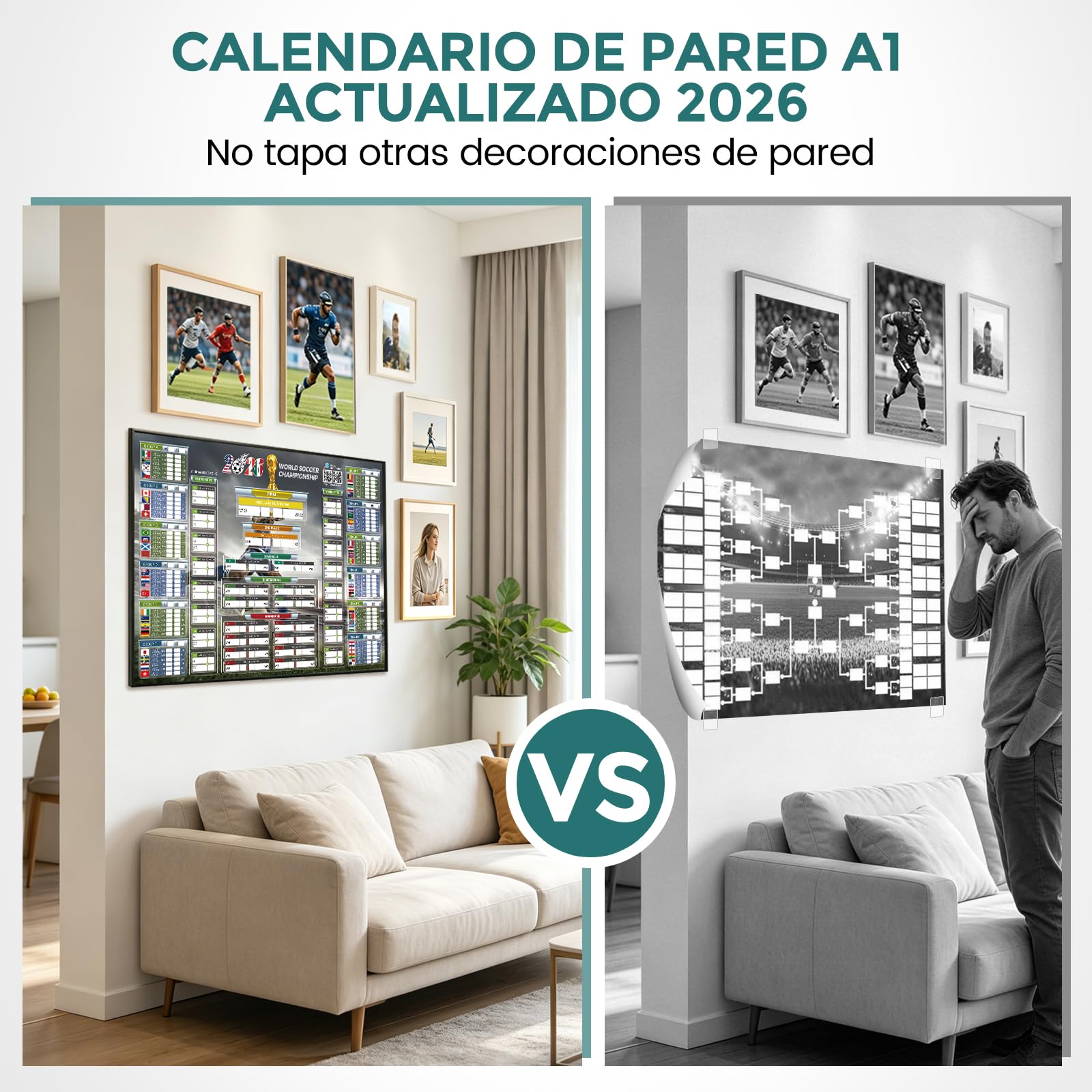 Póster Calendario Mundial 2026 Actualizado con Código QR para Resultados en Vivo, 84.1x59.4 cm Formato Grande, Letra Grande para Todas las Edades, Regalo Día del Padre para Hogar, Bar, Oficina (UTC-4)