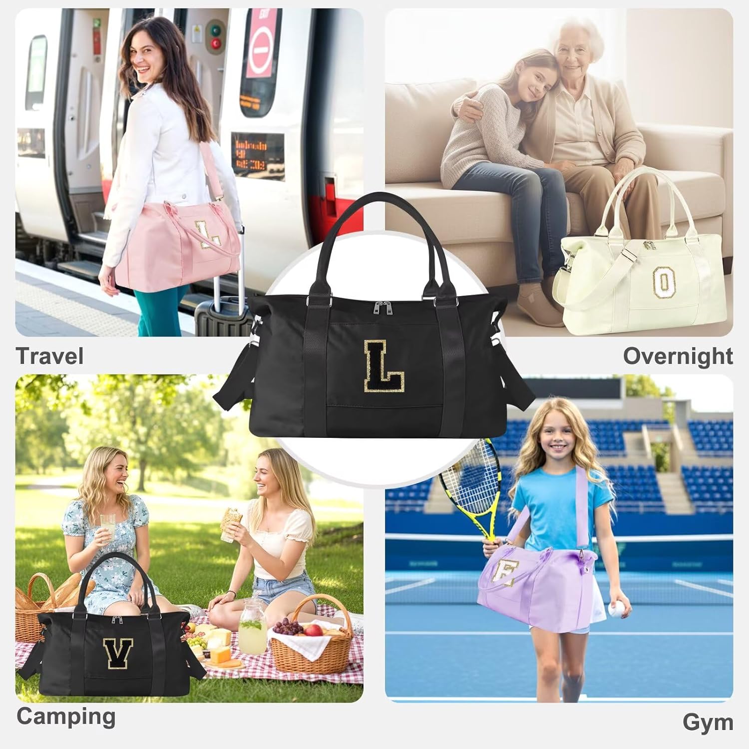 Dance Gym Duffel Bag for Teen Girls, Personalized Initial Travel Weekender Bag,Cute Overnight Carry On Duffle for Women,Sports Travel Cheer Bag,Monogram Christmas Gifts for Tween Preppy(black-L) - Image 6