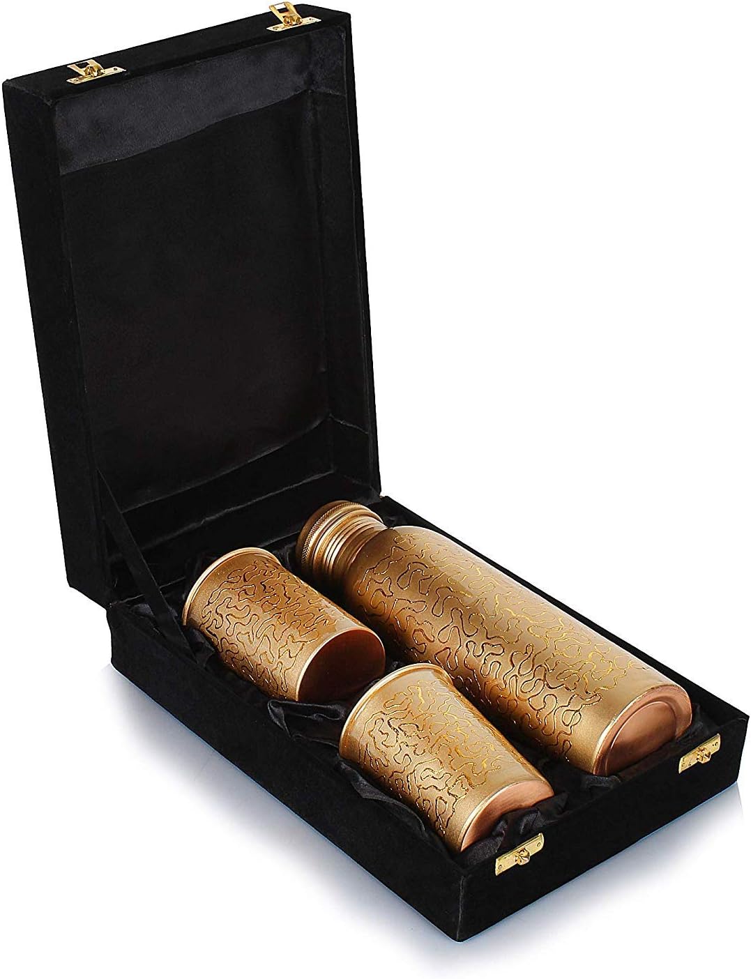 Trending Traditional Art Leak Proof Ayurveda Copper Bottle with Glass (1 L, Golden Glossy) Royal Gift Box (Design 16)
