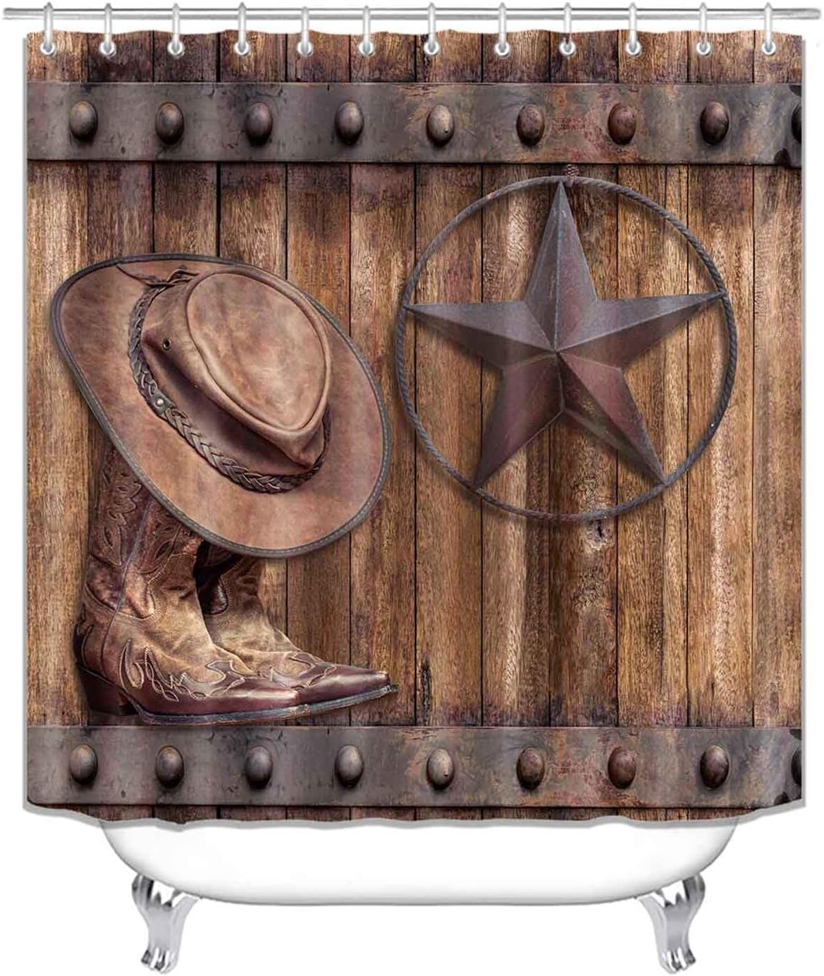 4PCS Western Shower Curtain Set, Waterproof Fabric Shower Curtain, Non-Slip Bath Mat Bathroom Rugs, Texas Star Cowboy Hat Boots Brown Wooden Barn Door Country Rustic Farmhouse Bathroom Decor