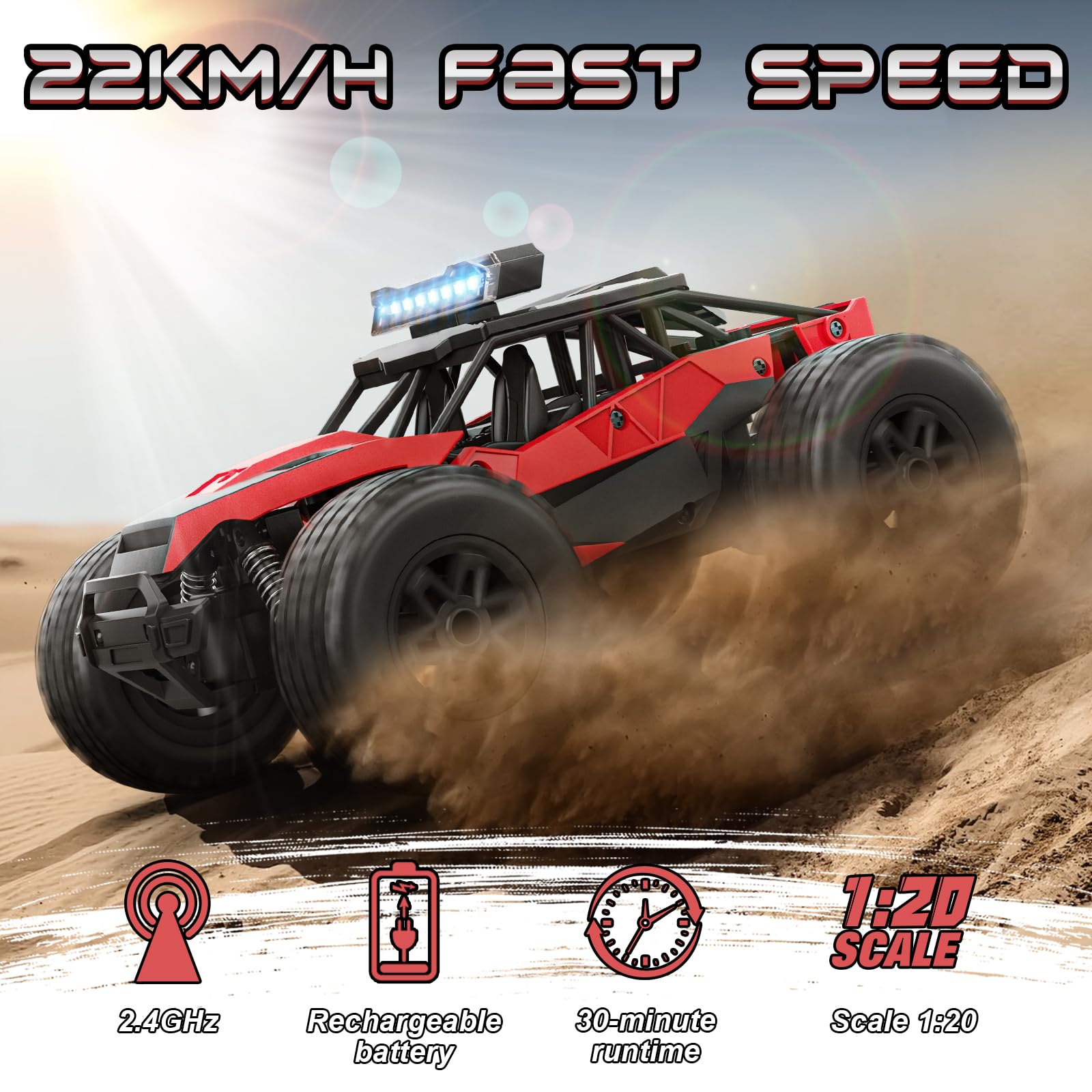 Macchina Telecomandata Offroad Monster Truck, Macchinina Radiocomandata Auto RC Car Veloce 22 KM/H 2.4GHz Giochi Bambini 6 7 8 9 10 11 12 Anni Gioco Bimbi Regalo Compleanno Giocattolo Veicolo
