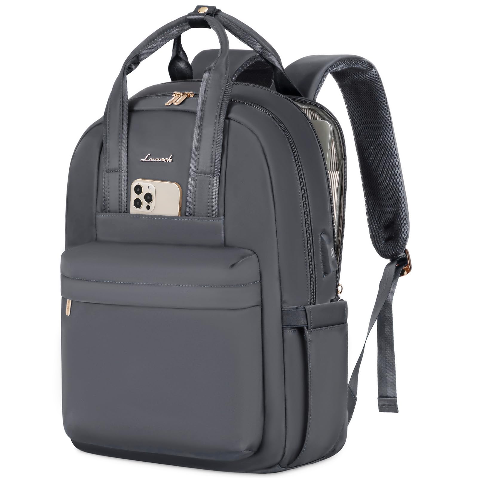 LOVEVOOK Laptop Rucksack Damen, 15,6 Zoll Schulrucksack Teenager mit USB Ladeanschluss, Wasserdicht Tagesrucksäcke Reiserucksack, Elegant Travel Backpack Daypack für Schule Büro Reise, Dunkelgrau