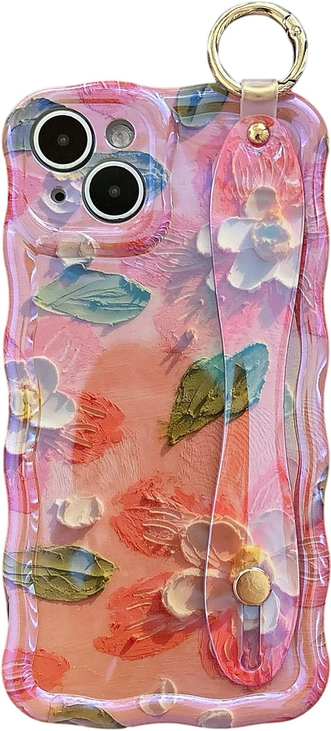 UEEBAI for iPhone 14 Plus/15 Plus Case, Oil Painting Flower Case with Phone Grip Pretty Glossy Wave Cover Cute Floral Curly Cover with Phone Finger Strap Stand for Women Girl, Pink White image 3