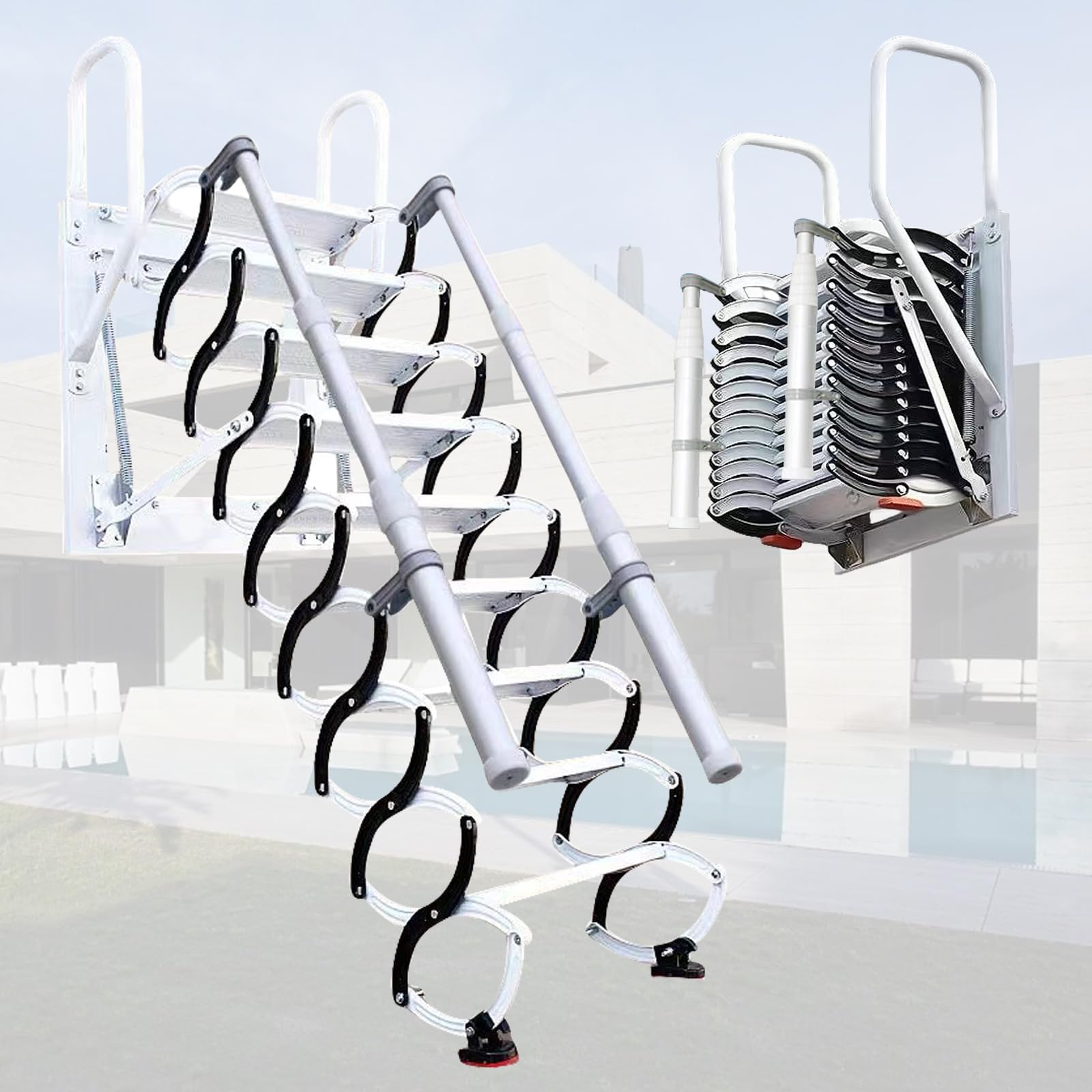 12 Steps Attic Stairs,Wall Mounted Folding Loft Ladder,Retractable Collapsible Stairs,Extension Steps Ladder with Armrests,Telescoping with Pulldown System(Black and White, Step 12)