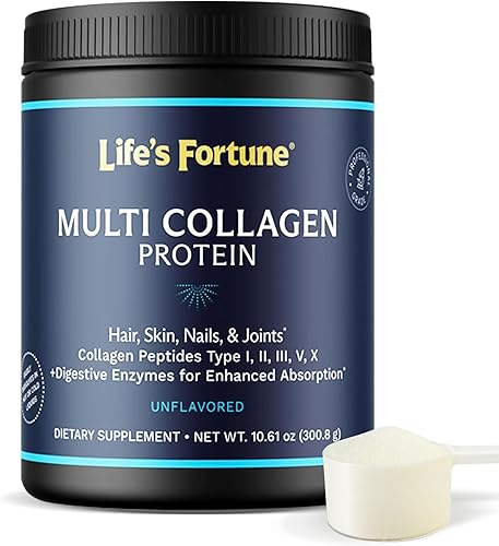Life's Fortune Multi Collagen Peptides Powder Drink Plus, para mujeres y hombres, tipo I, II, III, V, X, mezcla con enzima digestiva, para piel,