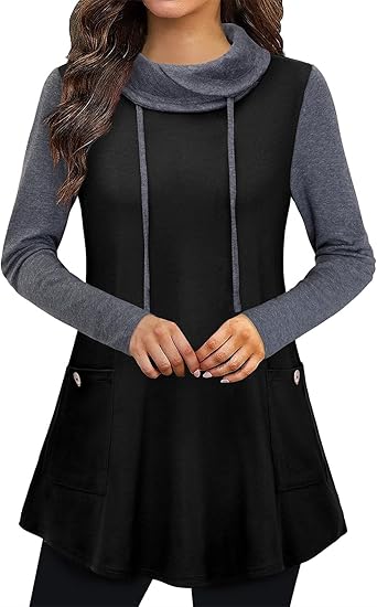 Bulotus Fall Sweaters for Women 2025 Cowl Neck Asymmetrical Long Tunics for Leggings Vacation Travel Tops with Pockets