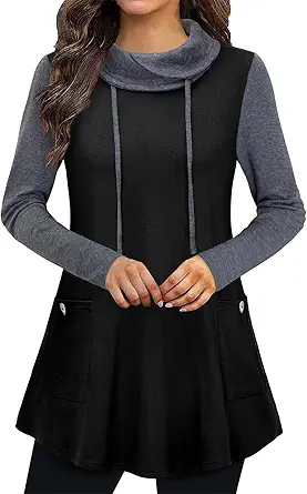 Bulotus Fall Sweaters for Women 2025 Cowl Neck Asymmetrical Long Tunics for Leggings Vacation Travel Tops with Pockets