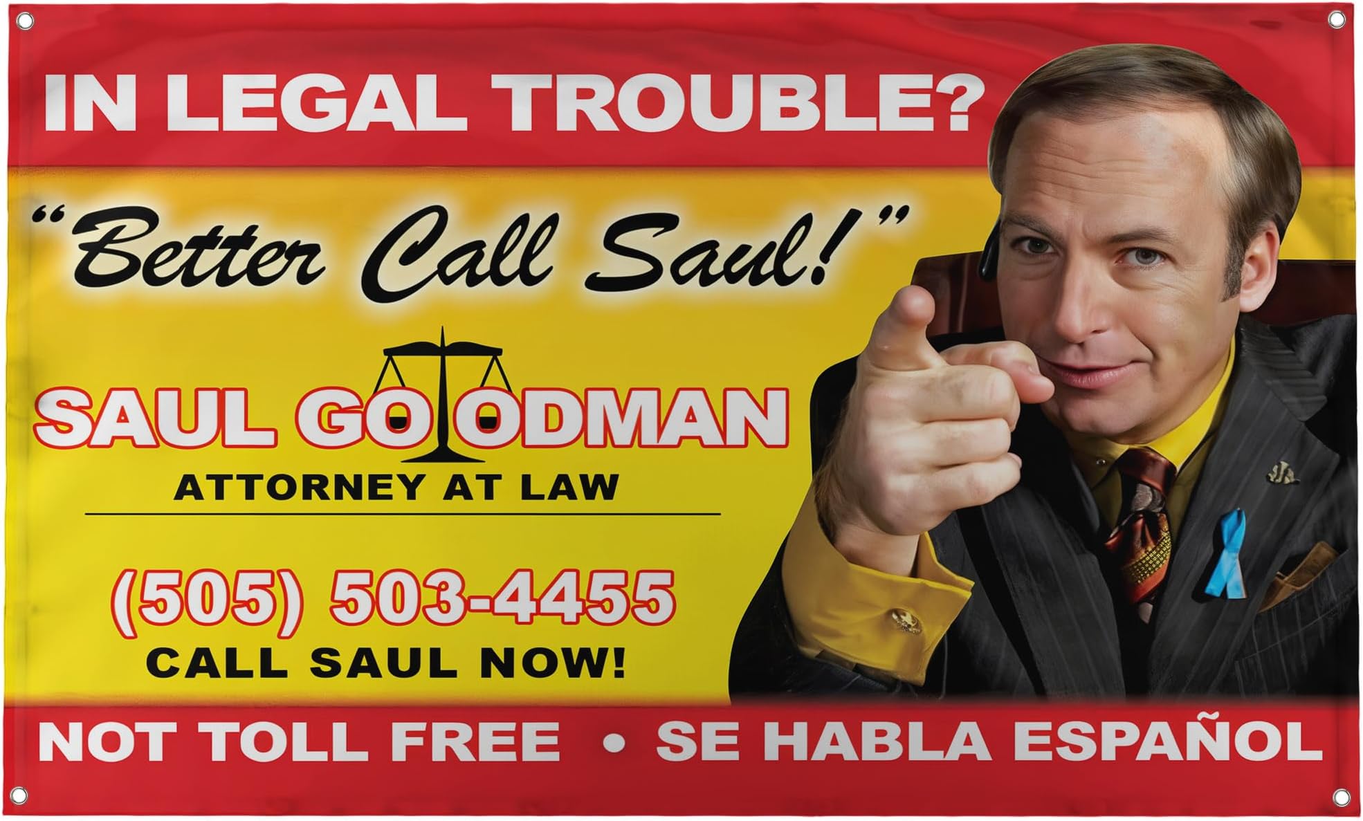 Banger - Better Call Saul! Billboard Image Breaking Bad Saul Goodman Motivational Inspirational Office Gym Dorm Wall Decor Design on a 3X5 Feet Flag with 4 Grommets for Easy Hanging. Authentic BANGER FLAG.