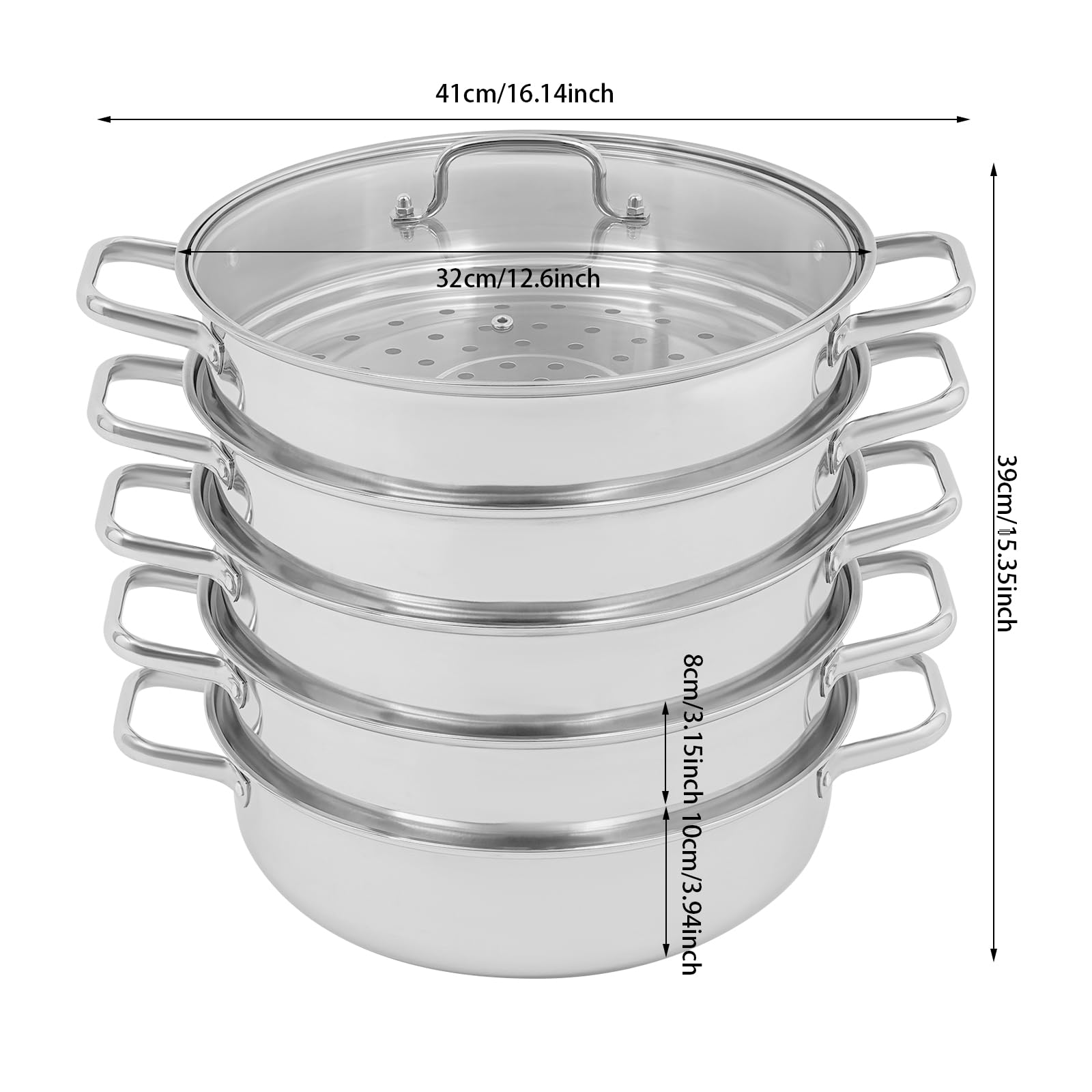 Cottura a vapore a 5 ripiani, in acciaio inox, Ø 32 cm, fornello a vapore con coperchio in vetro, pentola per piani cottura a induzione, fornello a gas, argento