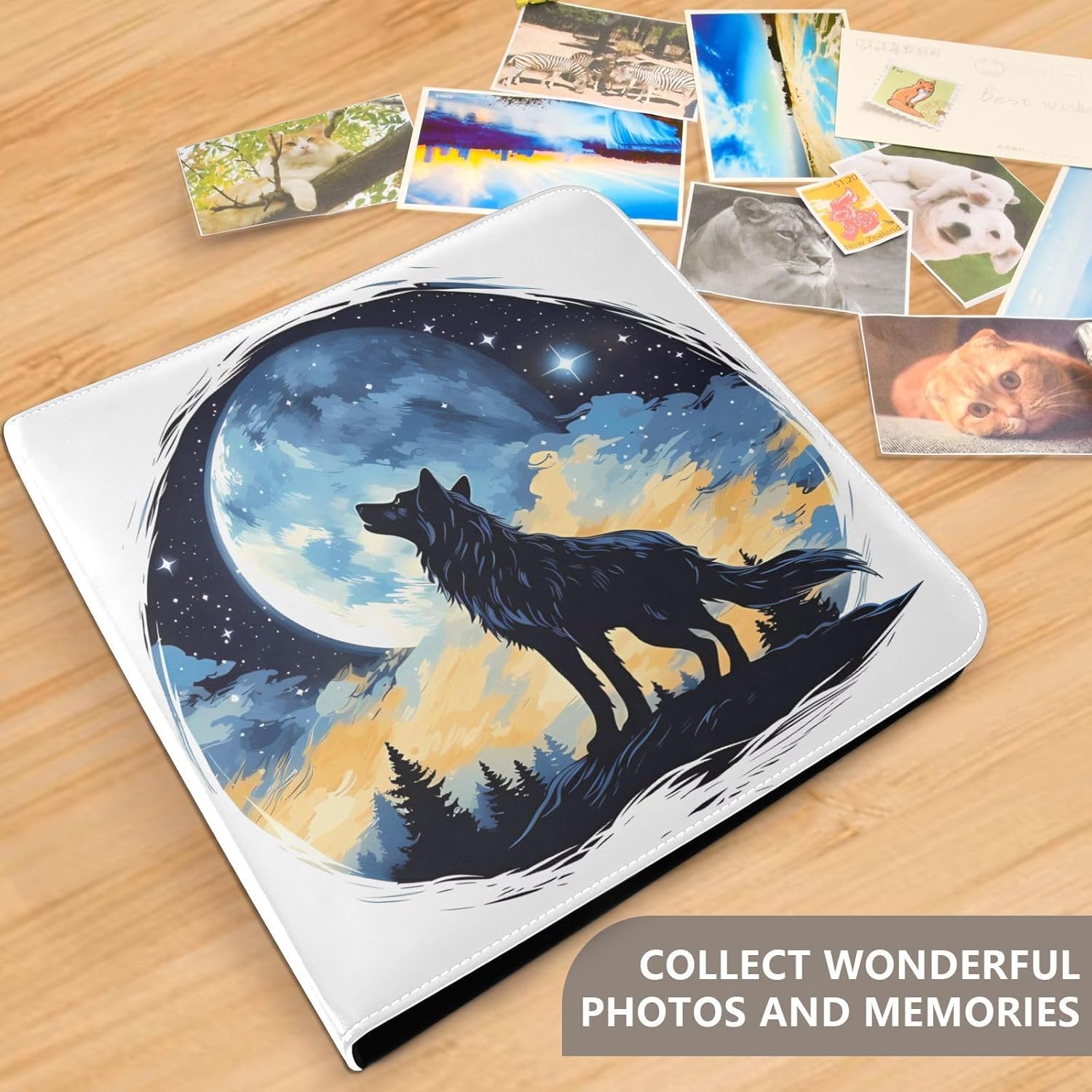 JIPONI Wolf Blue Moon Large Photo Album, DIY Leather Cover Scrapbook Albums for 4x6 5x7 6x8 Pictures, Self Adhesive Memory Book for Wedding, Baby, Family