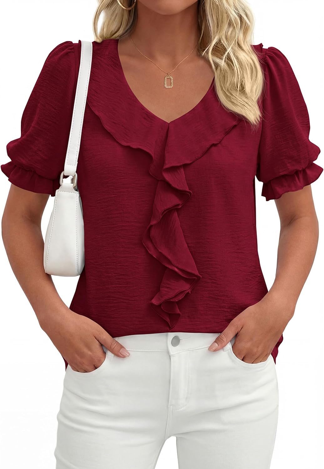 PRETTYGARDEN Women's Summer Dressy Casual Blouses 2026 Short Sleeve V Neck Ruffle Business Work Tops Trendy Spring Outfits - Image 7