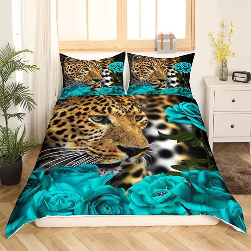 Miniatura 3 de Juego de ropa de cama de leopardo, funda de edredón turquesa y verde azulado para hombres y mujeres, funda de edredón con estampado de guepardo,
