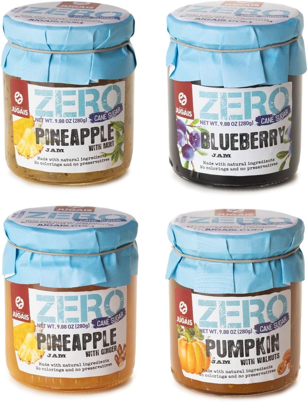 Auswahl an Konfitüren ohne Zuckerzusatz, Set mit 4 x 280 g Fruchtaufstrichen, Ananas und Minze, Ananas und Ingwer, Kürbis und Walnuss, Myrten, natürlich gesüßte Konfitüren