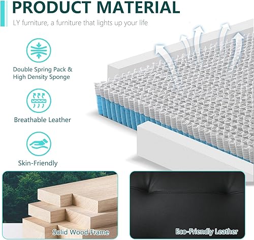 Miniatura 5 de Sofá seccional de cuero negro, juego de muebles de sala de estar, juego de 2 piezas de sofá moderno para sala de estar, apartamento, oficina,