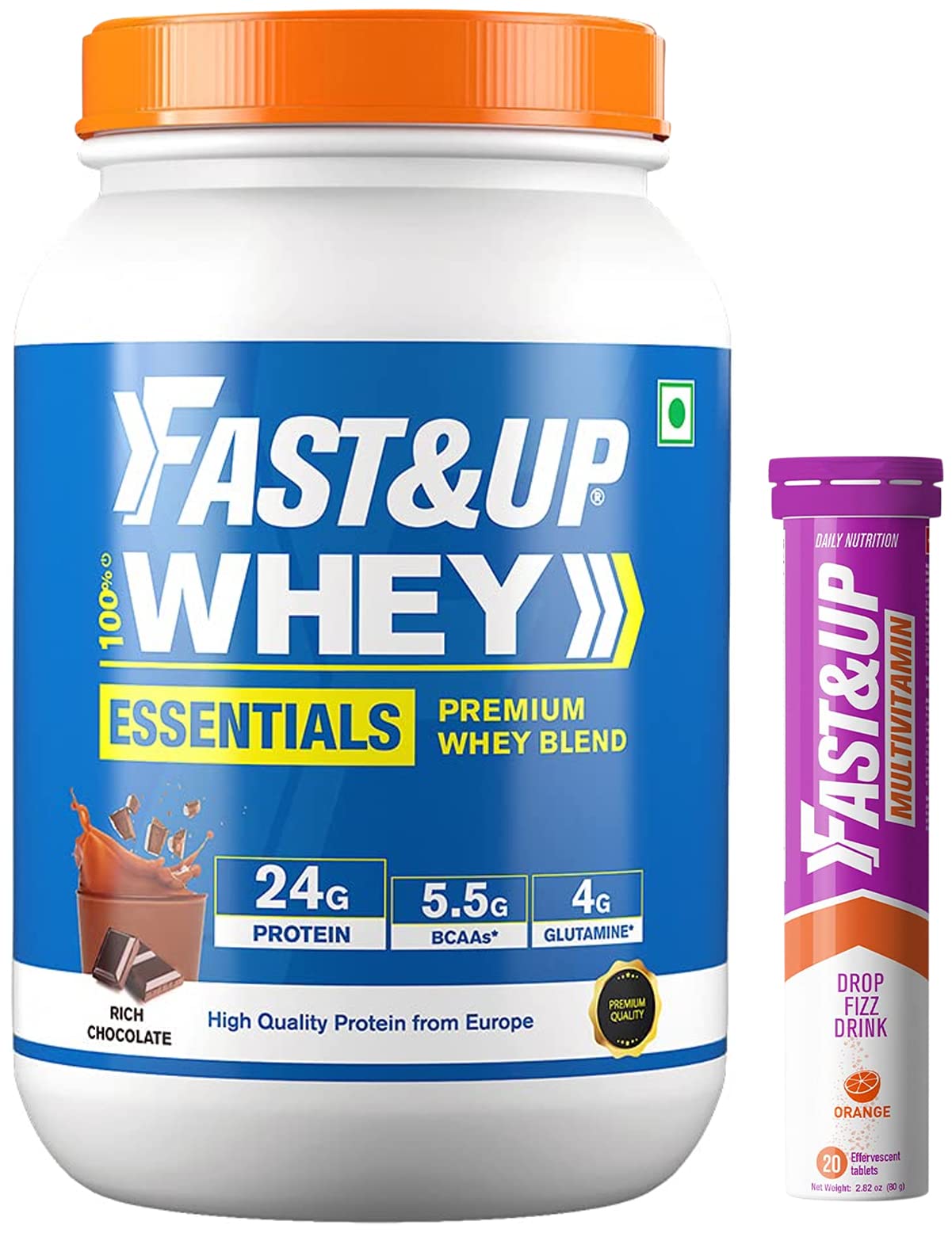 FAST&UP Essentials Whey Protein Isolate Blend (Rich Chocolate flavour) & Fast&Up Vitalize Mutivitamin Supplements, 20 Tablets - Orange Flavor-image-48