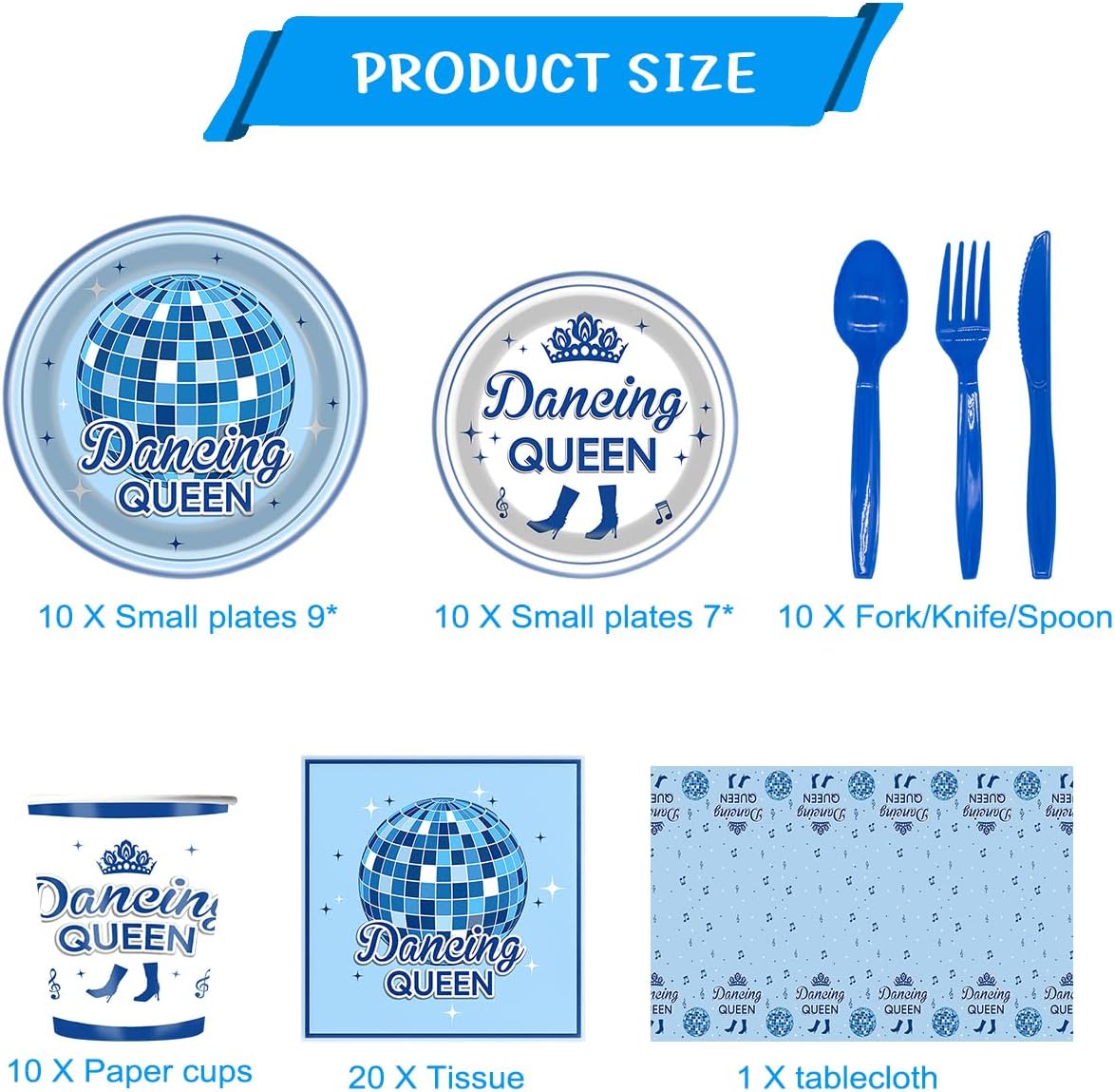Dancing Queen Party Supplies Set, Blue Disco Ball Theme, 81 Pieces with Plates, Cups, Utensils, Napkins, Tablecloth for Birthday Celebration - Image 2