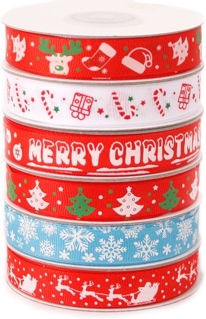 NMKL Christmas Ribbon 6 Roll 46 Yards Christmas Grosgrain Ribbons for Gift Wrapping Crafts Red Christmas Wrapping Ribbon Party