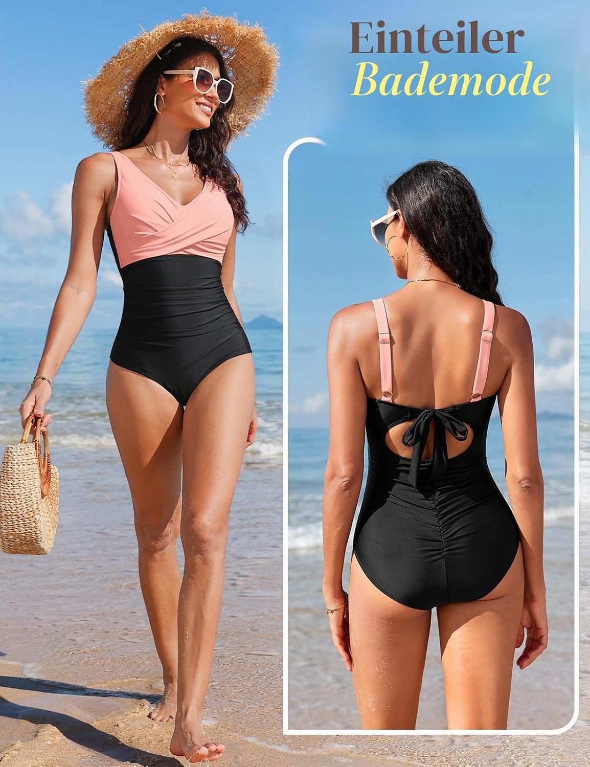 Tuopuda Swimsuit Women's Tummy Control Push Up Swimwear Backless Sexy V Neck Monokini One Piece Swimsuits Slimming Swimwear One Piece Swimsuits XXL Black + Pink