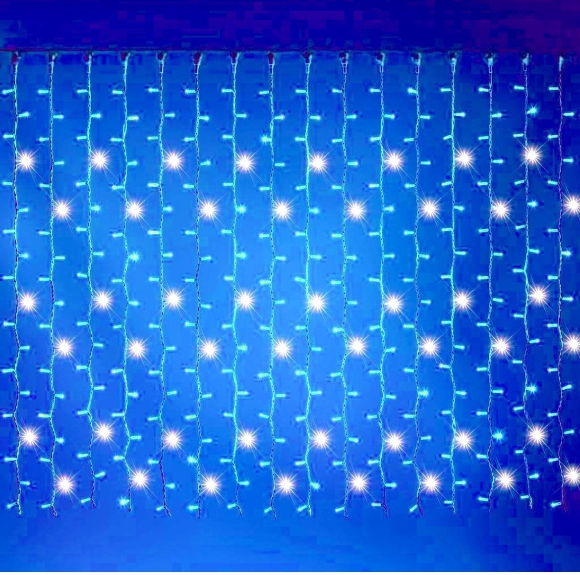 Generico Tenda luminosa natalizia a LED luci di Natale lineari con scintillii flash bianco freddo intermittenti ideale per balconi, pareti e tettoie e facciate (Luce Blu + Flash bianco, 12x0.8 mt)
