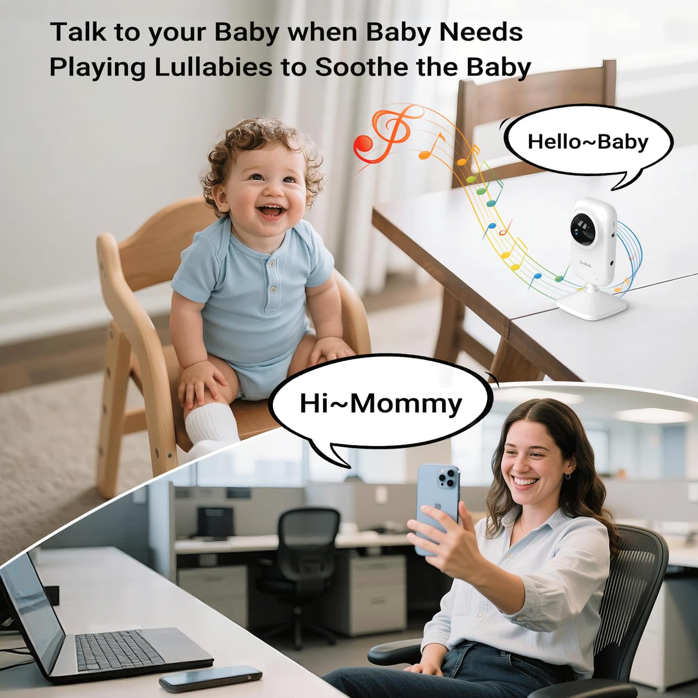 Baby Monitor con telecamera e audio, baby monitor video, visione notturna WiFi, display LCD da 2,8 pollici, telecamera per bambini, allarme modalità VOX e lungo raggio di 304,8 m