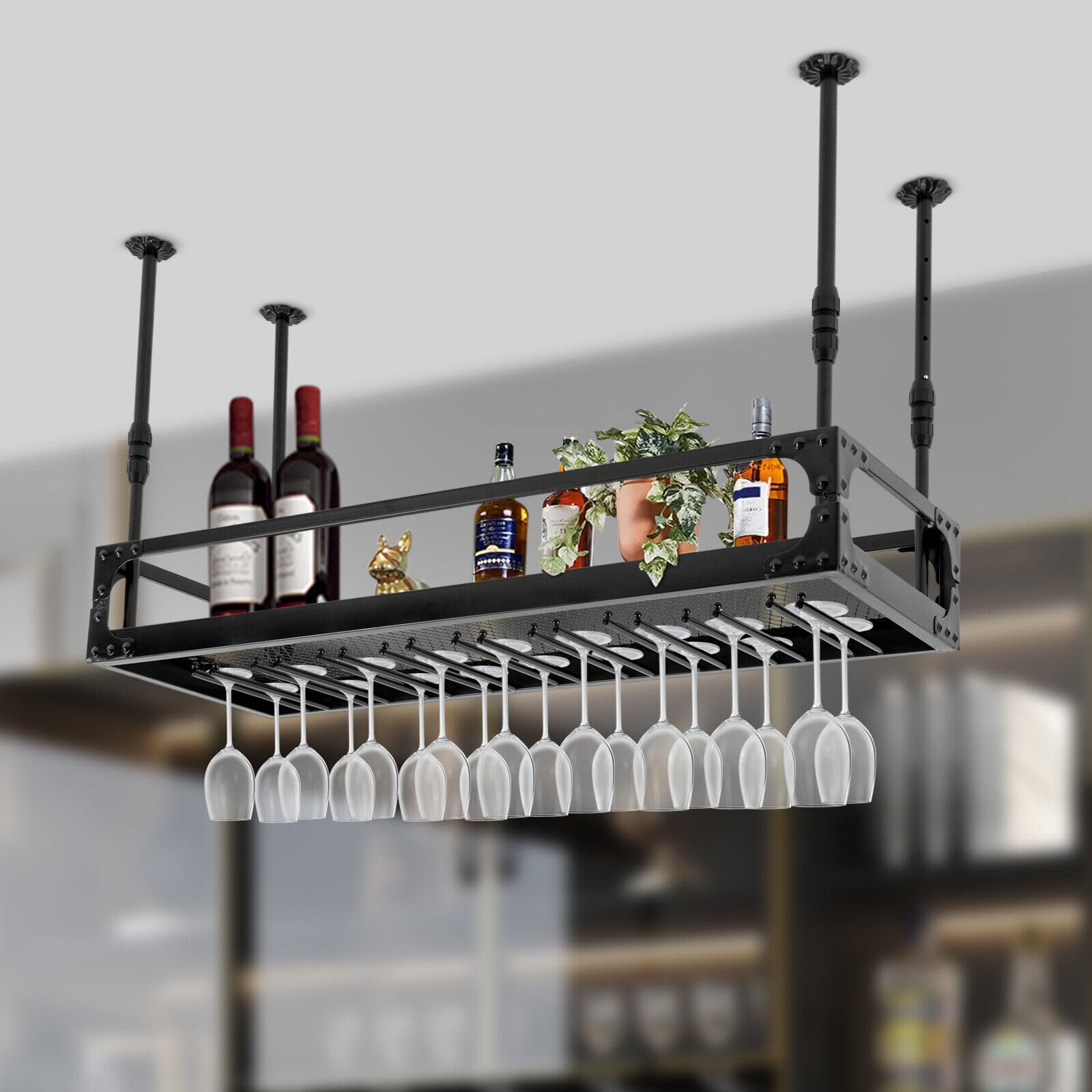 Scaffale da soffitto per bottiglie di vino, in stile retrò, decorazione in ferro, regolabile in altezza, fino a 50 kg, per bar, caffè, cucina, colore nero (100 x 35 x 55 cm)