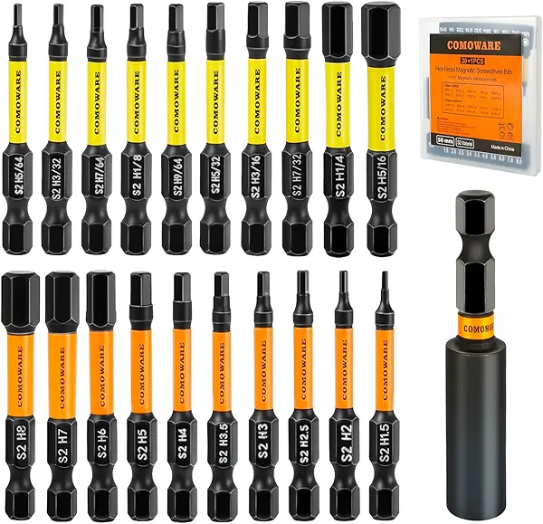 COMOWARE 21pcs Allen Wrench Drill Bits (Metric&SAE), S2 Steel 1/4" Hex Bit Set, CNC Tip Screwdriver Bits, 2" Length Magnetic Drill Bit, Impact Hex Bitss Set for Electronic Devices Disassembly