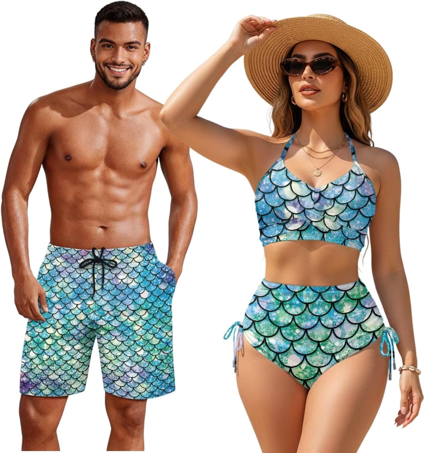 Couple Matching Swimsuit, Men Summer Swim Trunk Women High Waisted Swimsuit for Holiday Party